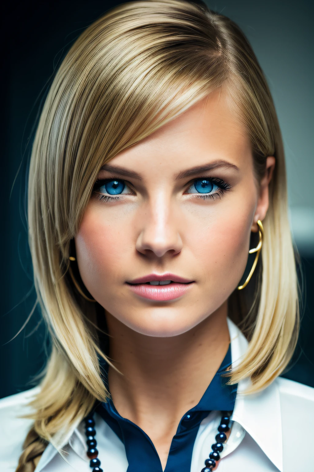 Slender, young, short blonde hair, blue eyes, in office with desk, natural skin texture, 24mm, 4K textures, soft cinematic light, RAW photography, photorealistic, photorealistic, complex, elegant, highly detailed, sharp focus, (((cinematic look))), calm Tone, Insane Detail, Complex Detail, Ultra Detail, High Contrast, Soft Cinematic Light, Dim Colors, Exposure Blending, HDR, Faded, Cold, Waist Thin, Well-Proportioned, (8k, 4k, Top Quality, Hi-Res: 1.1), (Realistic, Photorealistic: 1.1), Girl 1 People, Solo, Twin Tails, Blonde Hair, Bangs, Long Hair, Necklace, Earrings, Lips, Eye Shadow, Jewelry, Spaghetti Straps, Detail, High Contrast, from_side, srfc, stunning complex full color, wearing business clothes, full body, spectacular character composition, sharp focus, natural light, sub-surface scatter, f2, 35mm, film grain, office room with desk