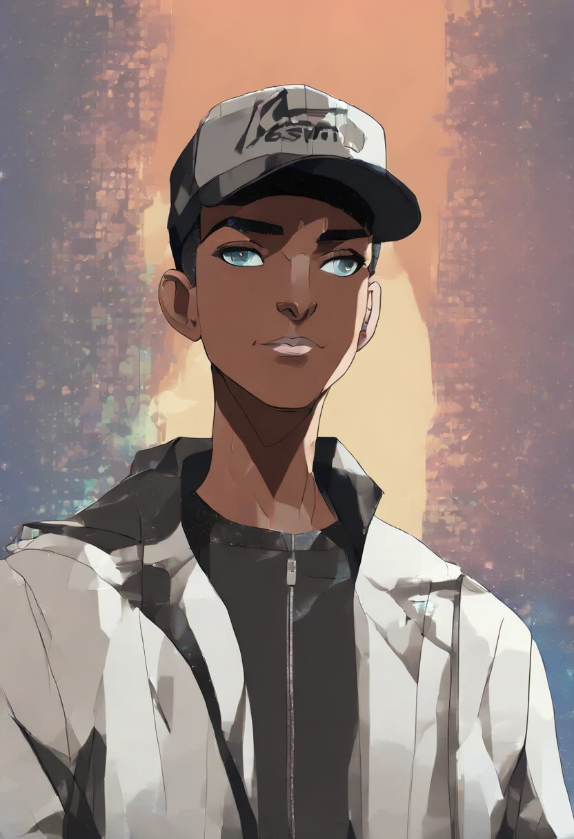 (masterpiece, beautiful, highres), illustration, 1boy, solo, (((cartoon style: 1))),  Dark skin male((African-American teenager)) wearing an black cap, a black suit jacket with an orange badge over the breast-pocket over a high-collared black shirt, pants and shoes, smiling, black anime medium-short length hair, handsome, vermillion colored eyes, young adult, cyberpunk streetwear, rainy sky, cityscape, light brown skin, looking at viewer, bright colors, daytime, ((front facing: 3)), closed mouth, thick lineart: 0.6, smug, slim eyes
