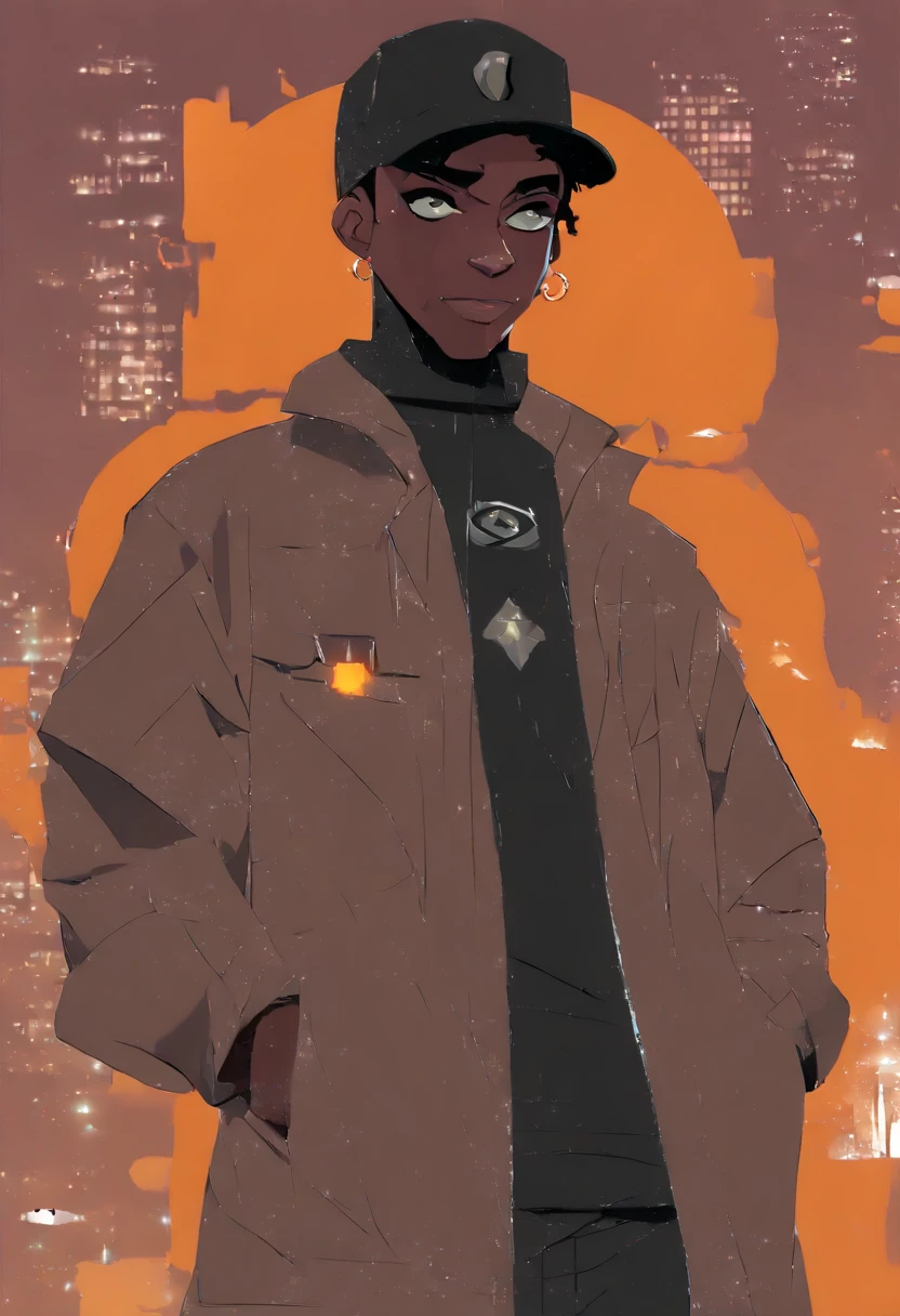 (masterpiece, beautiful, highres), illustration, 1boy, solo, (((cartoon style: 1))), Dark skin male((African-American teenager)) wearing an black cap, a black suit jacket with an orange badge over the breast-pocket over a high-collared black shirt, pants and shoes, smiling, black anime medium-short length hair, handsome, vermillion colored eyes, young adult, cyberpunk streetwear, rainy sky, cityscape, light brown skin, looking at viewer, bright colors, daytime, ((front facing: 3)), closed mouth, thick lineart: 0.6, smug, slim eyes