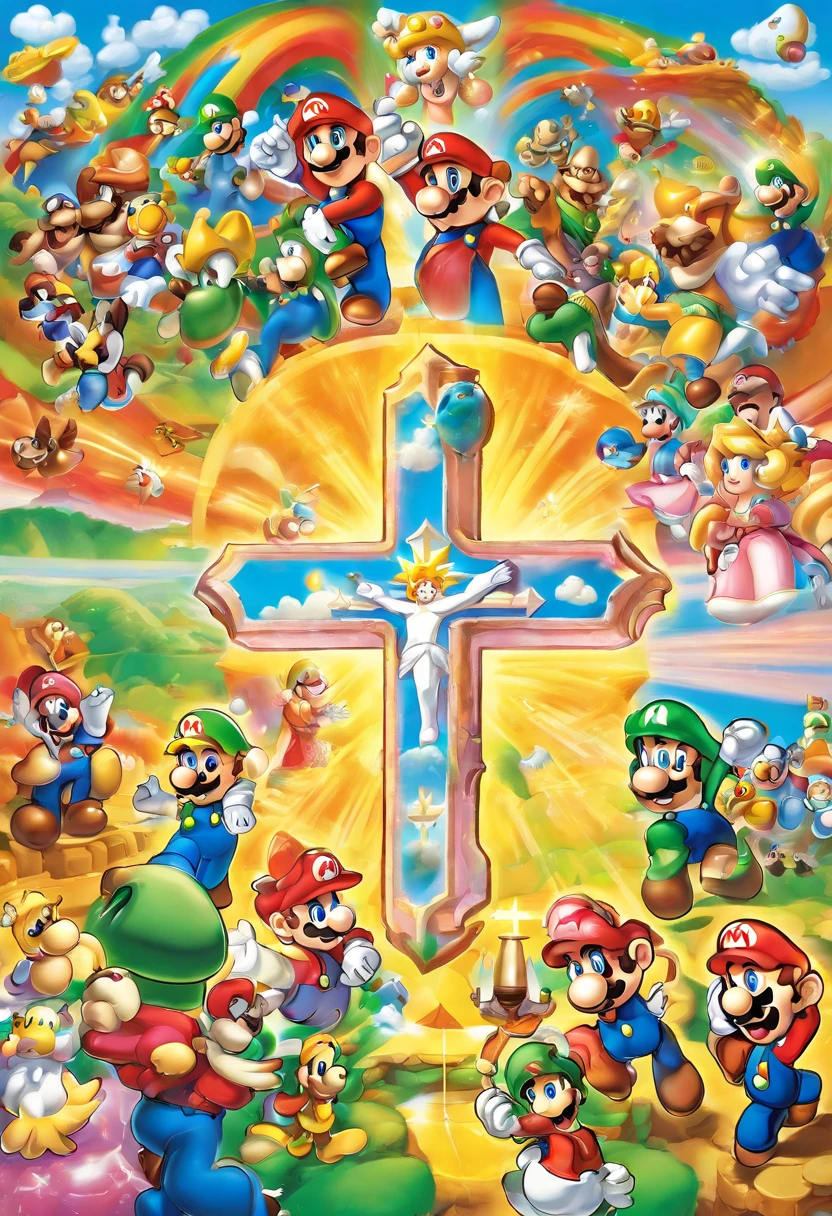 "Generate an AI-crafted image that encapsulates the message of John 3:16. Envision a world illuminated by divine love, with radiant beams of light piercing through the darkness. In the center of this awe-inspiring scene, depict a cross, symbolizing the sacrifice of God's only Son. Surround the cross with a diverse and united group of people from all walks of life, representing the inclusivity of God's love. The image should convey a profound sense of redemption, grace, and the promise of everlasting life."