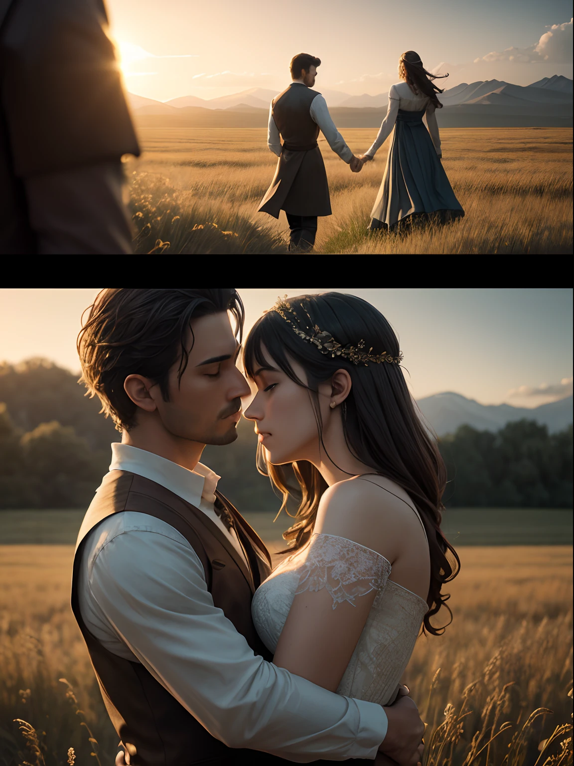 Photorealistic Production Still of a Man and Woman Hugging and Kissing, Epic Romantic Scene, Ethereal field at Evening Background, Ambient Lighting, Film Still, Cinematic Shot and Lighting, Realistic Colors, Intricate Face Detail, Intricate Hand Details, Masterpiece, Sharp Focus, Ultra Detailed, Ultrarealistic Photography, Canon EF F/1.2L 100mm Lens, Depth of Field, Incredibly Realistic Environment and Scene, Master Composition and Cinematography