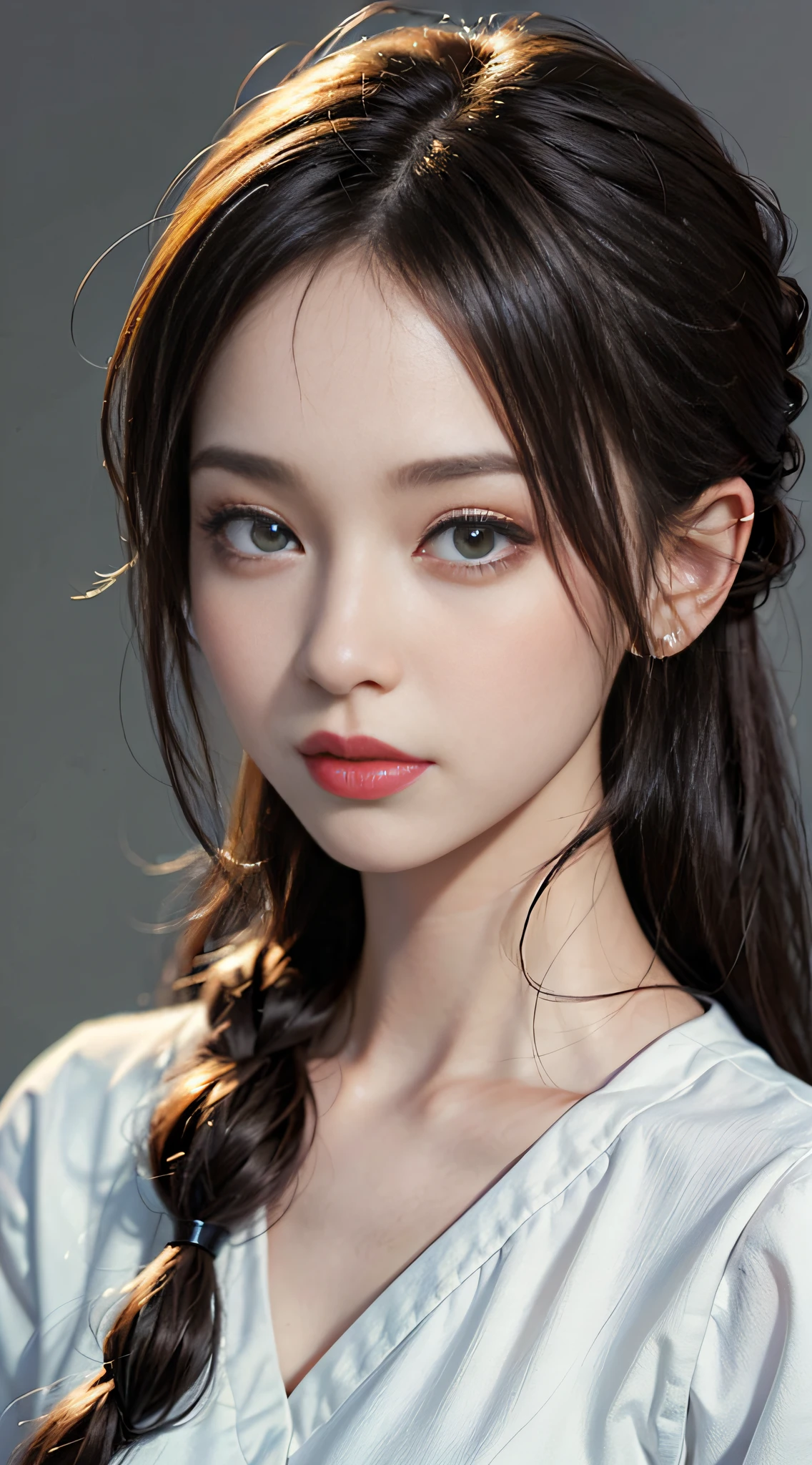 ((masterpiece:1.4)、(top-quality:1.4)、(reallistic:1.7))、masuter piece:1.4、Kawaii Girl、Portrait photo of a girl、Close-up photos、Upper body photography、beautiful countenance、kawaii faces、A detailed eye、Draw the eyes clearly, Beautiful and attractive eyes、beautidful eyes、Narrow waist、poneyTail、Raw photo、red-lips、1 screen display、