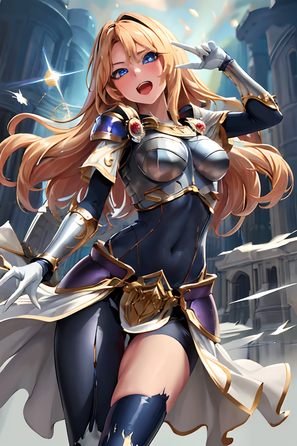 masterpiece, best quality, highres, lux1, long hair, 1girl, solo, armor, breastplate, bodysuit, gloves, white gloves, boobplate, magic, spell, open mouth, torn clothes, ripped clothes, sexy