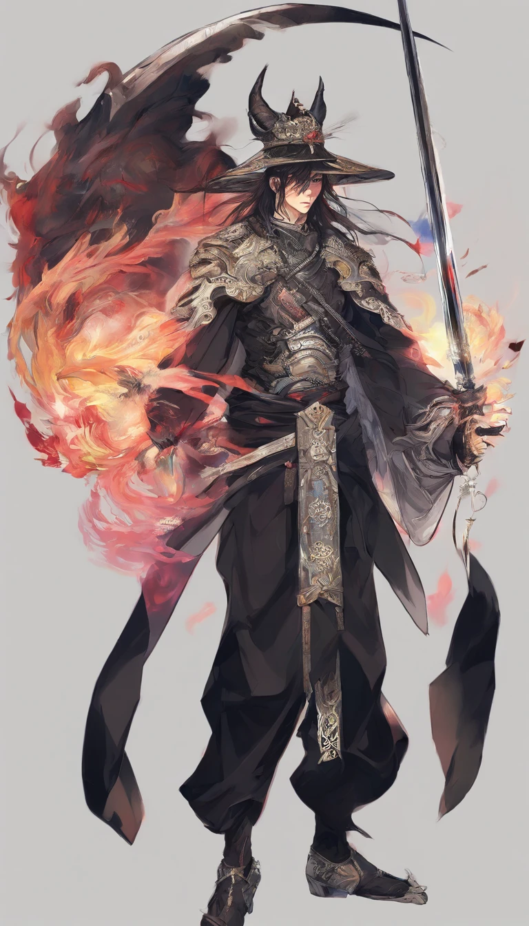 middle aged man, Evil painting style, A high resolution, Black color hair, Half is the body of a demon，Half a demon face, Chinese Warrior, Delicate three-dimensional blue flame demon face, sbeard, Wearing a hat, Expression of anger, Perfect body proportions, kaftan, Black and white robes, A scabbard hangs from his waist, Handsome, Full body view, standing on your feet, （White background：1.3）, swordsman, He held a long knife that was wide and heavy in his hand。。。。。。。。。。。。。, Face the lens, （Blackn clothes：0.8）, High detail, Masterpiece, ccurate, Anatomically correct, Textured skin