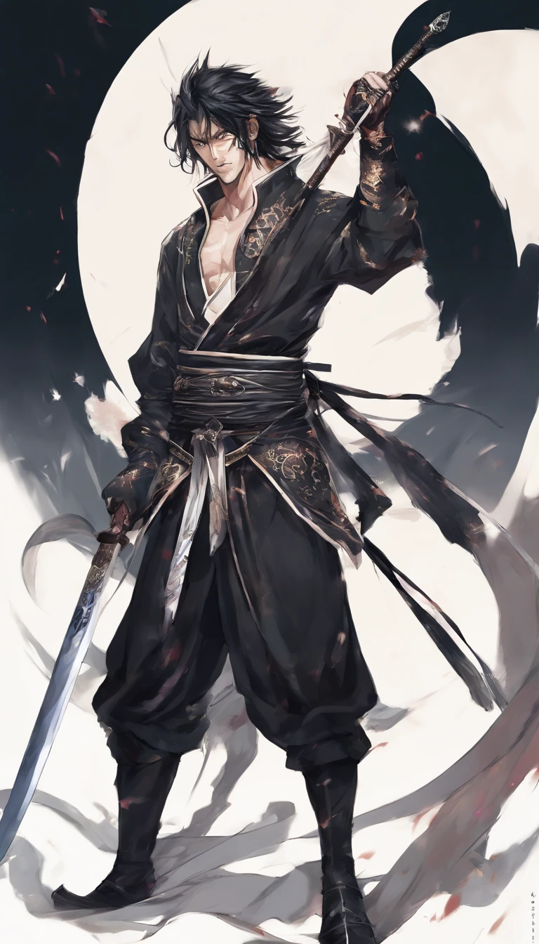 middle aged man, Evil painting style, A high resolution, Black color hair, Half is the body of a demon，Half a demon face, Chinese Warrior, Delicate three-dimensional blue flame demon face, sbeard, Wearing a hat, Expression of anger, Perfect body proportions, kaftan, Black and white robes, A scabbard hangs from his waist, Handsome, Full body view, standing on your feet, （White background：1.3）, swordsman, He held a long knife that was wide and heavy in his hand。。。。。。。。。。。。。, Face the lens, （Blackn clothes：0.8）, High detail, Masterpiece, ccurate, Anatomically correct, Textured skin
