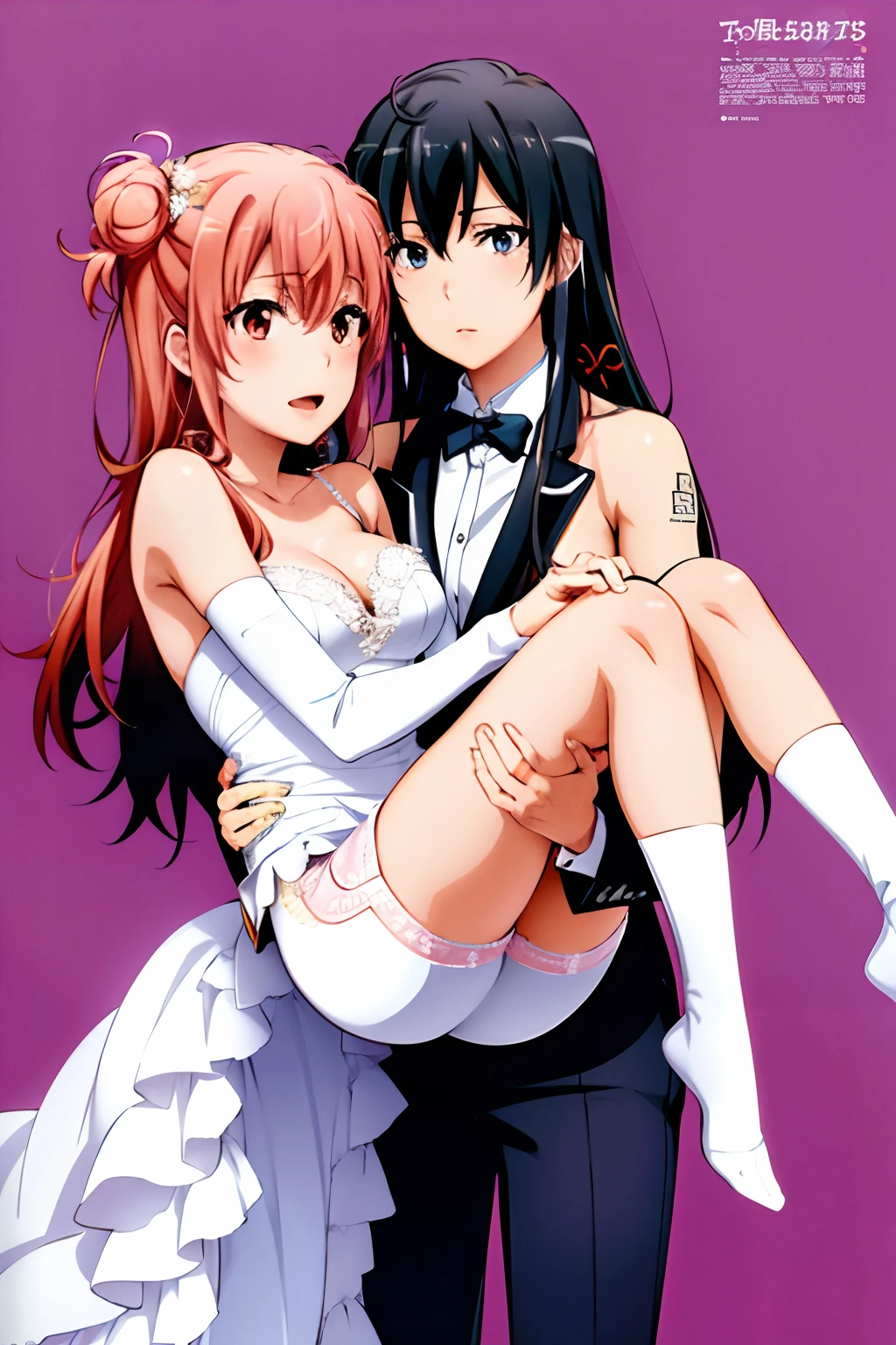 2 girls, Yuri, bridal carry, Yukinoshita Yukino, Yuigahama Yui, Yukinoshita wears a tuxedo and jeans, Yuigahama in bridal dress,bridal carry, lesbian