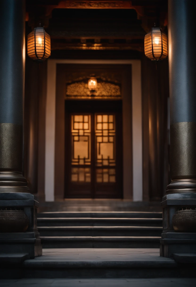 in ancient。Entrance to the Royal Palace。Closed doors。There is a lantern on either side of the doorway。