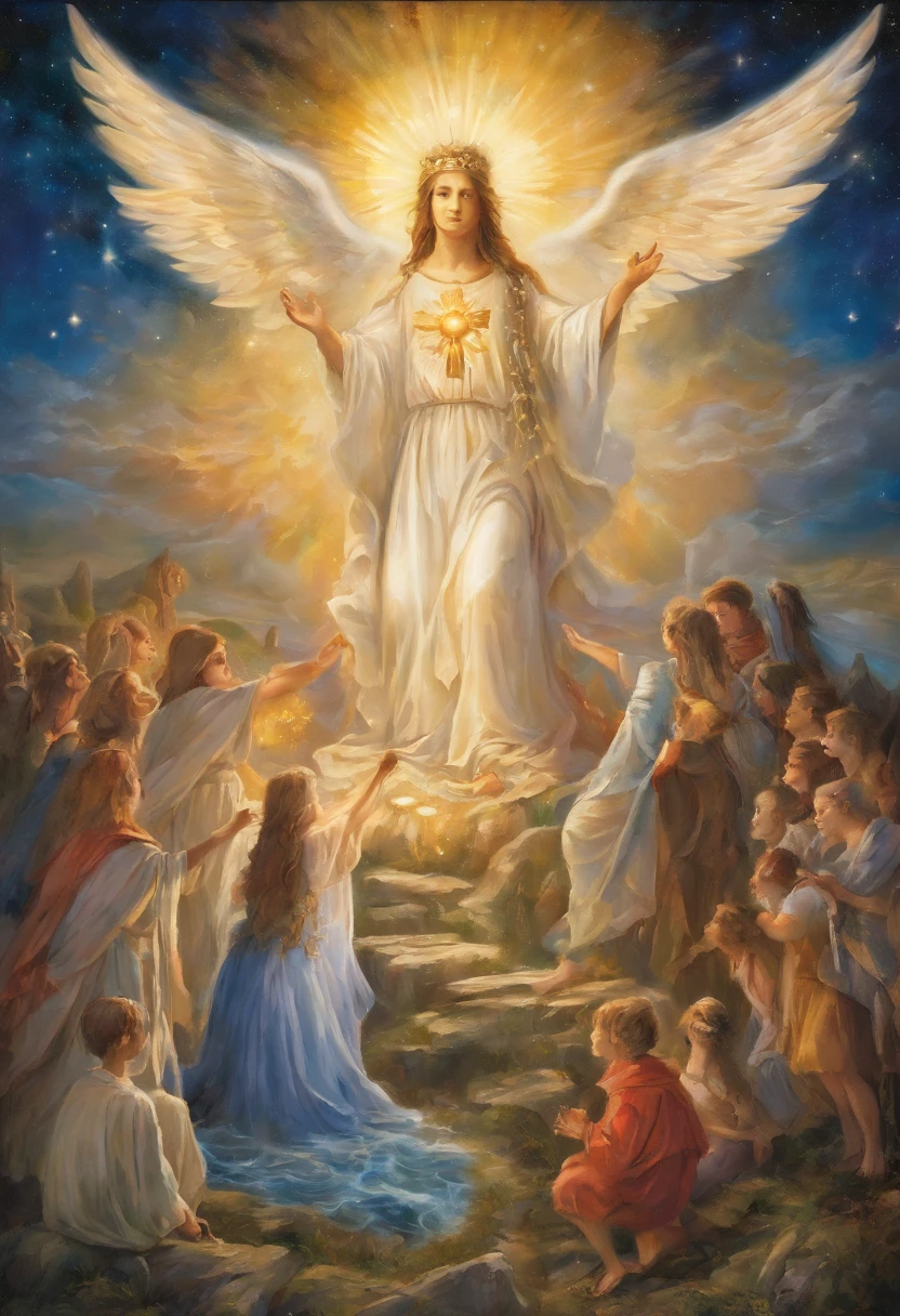 "Generate an AI-crafted image that encapsulates the message of John 3:16. Envision a world illuminated by divine love, with radiant beams of light piercing through the darkness. In the center of this awe-inspiring scene, depict a cross, symbolizing the sacrifice of God's only Son. Surround the cross with a diverse and united group of people from all walks of life, representing the inclusivity of God's love. The image should convey a profound sense of redemption, grace, and the promise of everlasting life."