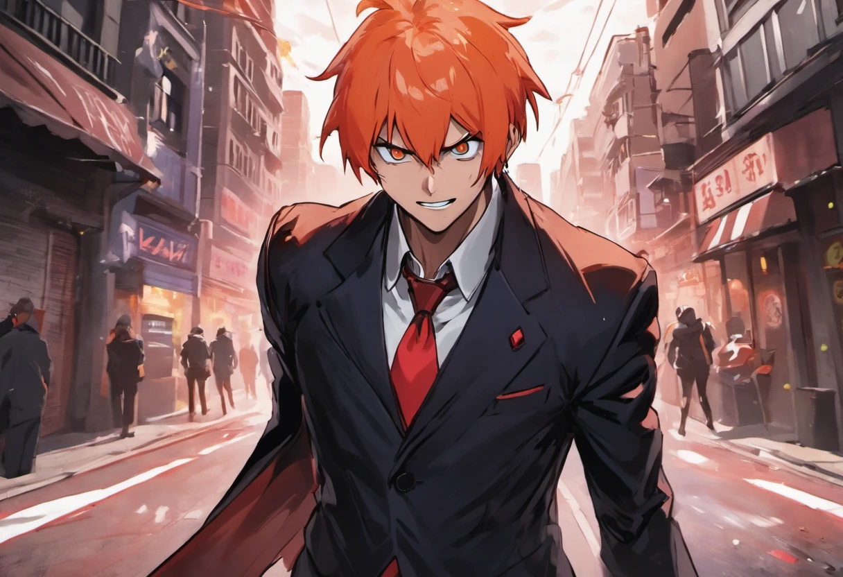 ichigo kurosaki, walking distractedly through the city streets, in a suit