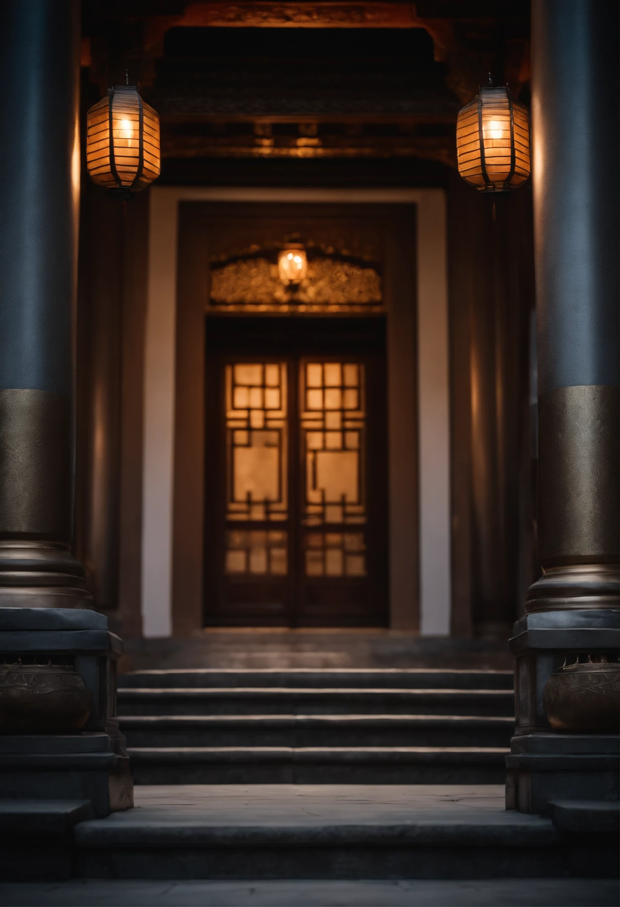 in ancient。Entrance to the Royal Palace。Closed doors。There is a lantern on either side of the doorway。