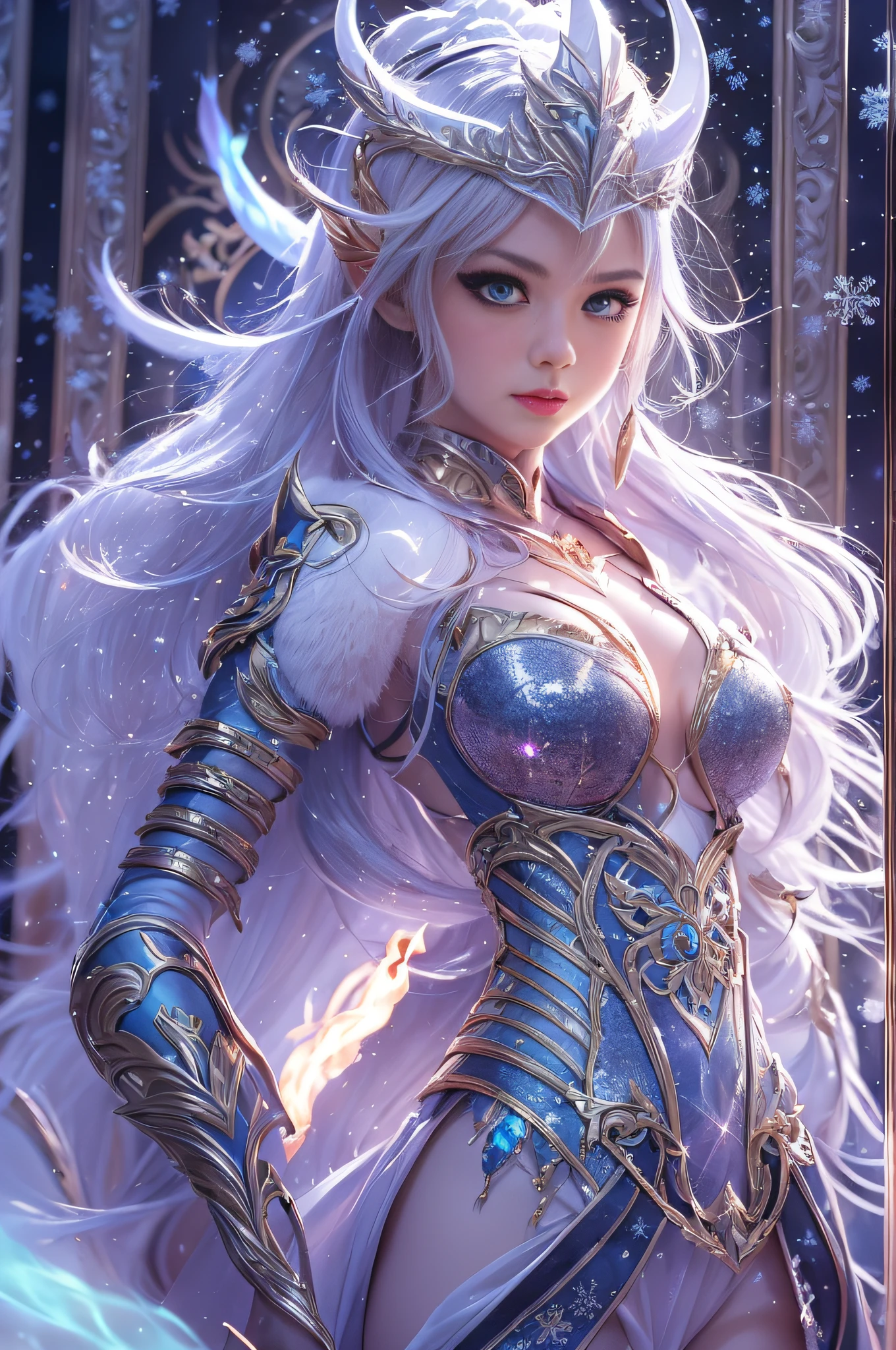 ((Top Quality, 16k, Masterpiece: 1.3)), photorealistic, extremely detailed CG unity 8k wallpaper, Depth of field, Cinematic Light, Lens Flare, fashion model 20 years old (extremely beautiful face, beautiful lips, beautiful eyes), (intricate detail face), ((ultra detailed skin)), I see Ultra Instinct surrounded by a purple aura and lightning (((full body shot))), 4k, 3D, Draw moving ice and fire flames, [[chest]], neck, [[bodysuit lacy lace-upp]], [shoulders], all feet and breasts shod in armor of silver glass, and cristals (corset), twintails asymetrical long ((red hair)), 1Girl (beautiful crop top), (medium bust:1.8), (narrow waist, slanderous legs), perfect proportions, perky , (glaring ice eyes:1.6), The drawn enchanted fantasy land is frosty, with flying pieces of ice floating in the air and glowing energy crystals. this environment in the mist and magical vortex of thousands of ambient light elements, light reflections, including the environment (ice and fire crystals) glowing in the air. The girl's armor is made of silver glass, which absorbs the magical energy of the environment and releases it in the form of bright light. In this fantastic area there is a great spirit dragon (length: 125 m) and a thick one surrounding this fantastic masterpiece with all its greatness, illuminated accessories. This fantastic land is inhabited by a large flying serpent dragon with wings surrounding this fantastic masterpiece with all its wonderful accessories. The dragon-beast lies on the ice facing the viewer. The image of this fantasy land is shrouded in powerful, ((glowing light)), cristal sword, extremely detailed artgerm, beautiful elegant demon queen, (oli face: 1.3), (snowflakes burning with fire:1.5), (flames:1.3), ray tracing, (sparkle:1.8), UHD, (shiny:1.5), (light reflections:1.3), (crisp:1.7), Fujicolor, cinematic lighting