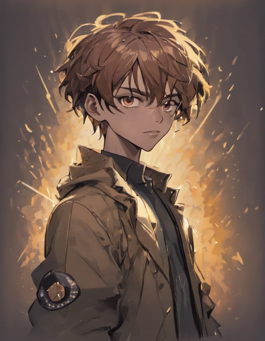 (masterpiece, beautiful, highres), illustration, 1boy, solo, (((cartoon style: 1))), Dark skin male((African-American ager)) wearing an black cap, a black suit jacket with an orange badge over the breast-pocket over a high-collared black shirt, pants and shoes, smiling, black anime medium-short length hair, handsome, vermillion colored eyes, young adult, cyberpunk streetwear, rainy sky, cityscape, light brown skin, looking at viewer, bright colors, daytime, ((front facing: 3)), closed mouth, thick lineart: 0.6, smug, slim eyes