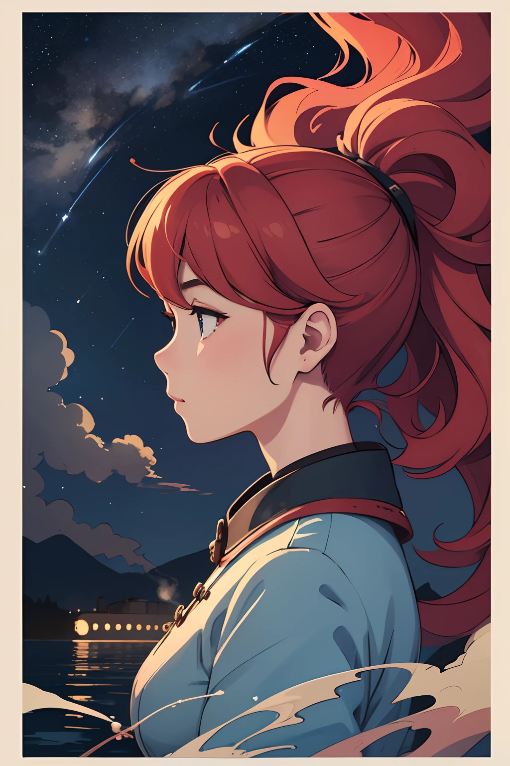 beautiful and asethetic, masterpiece, best quality, drawing of a side view of a steam train travelling over water with a celestial sky in the background at night, stars in the smoke, girl with red hair in the smoke muted colors, by james jean style