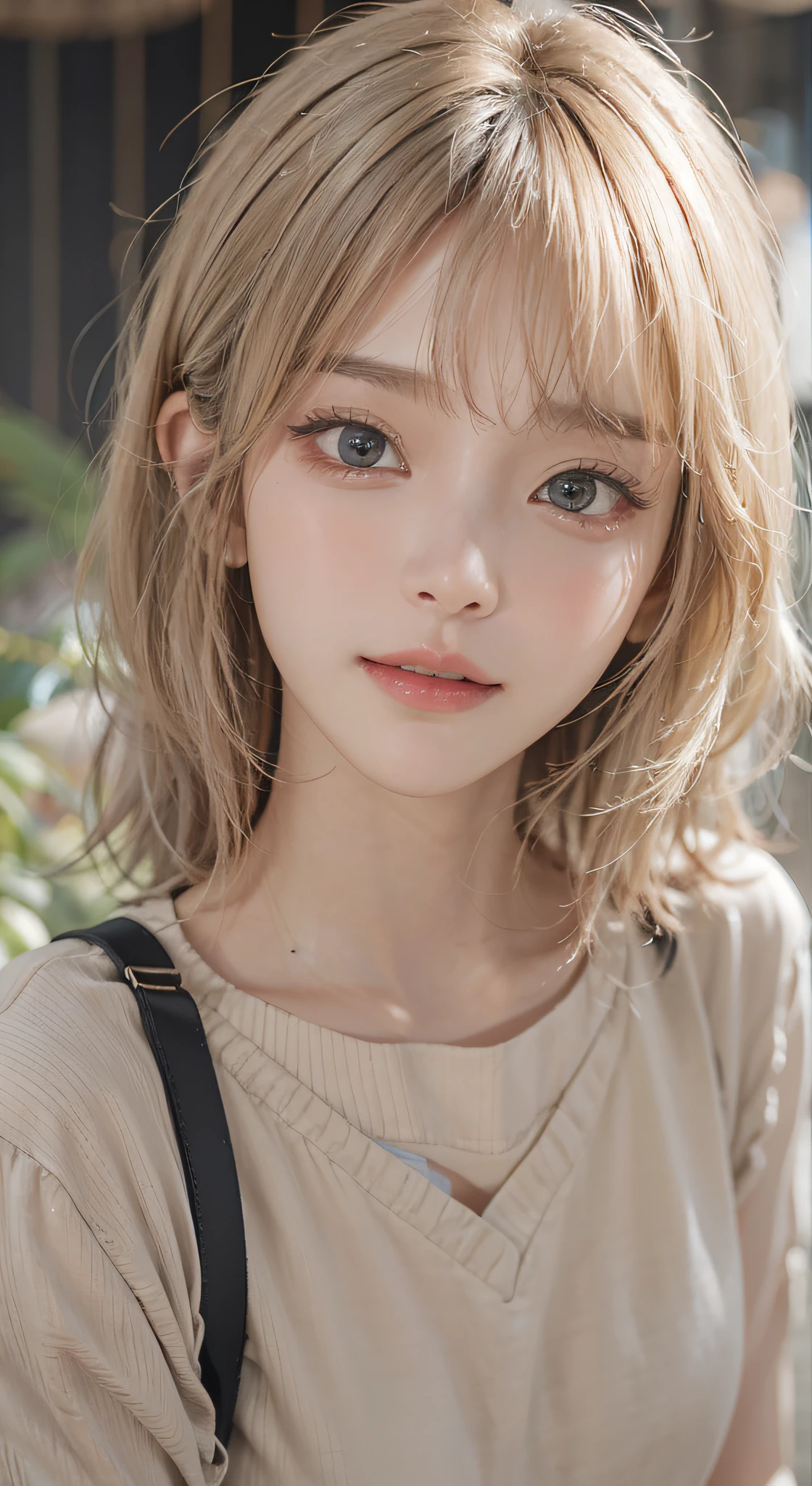 tmasterpiece, 1 beautiful girl, A detailed eye, Swollen eyes, top-quality, 超A high resolution, (reality: 1.4), 电影灯光, jpn, Fashion Korean cosmetics、a asian beauty, very very beautiful, Beautiful skins, slenderness, Forward-facing body, (ultra-realistic realism), (A high resolution), (8K), (The is very detailed), ( Best Illustration), (Beautifully detailed eyes), (ultra - detailed), (the wallpaper), 详细的脸, Bright lighting, Professional lighting, looking at viewert, Staring straight ahead、short-hair、Neat and clean clothes、background slightly blurred、The hair color is black、Amazing smile、The eye color is brown、