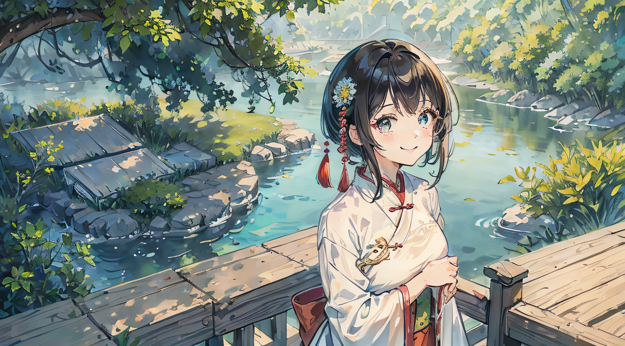 (masterpiece),best quality,good anatomy, shuimobysim,(1 girl:1), (upper body),(smile),short hair,(hanfu),(ecchi0.5), (trees:0.5), (flowers:0.6) ,(wooden house:0.2),(bamboo forest:0.2),(creek:0.2),(river:0.2),