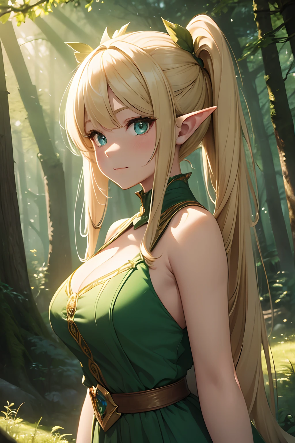 masterpiece, best quality, high resolution, an elf woman, forest background, uhd, blond hair, green_eyes, comsic bright glowing dress, kawacy, young, (fantasy 1.5) pigtails hair, 4k