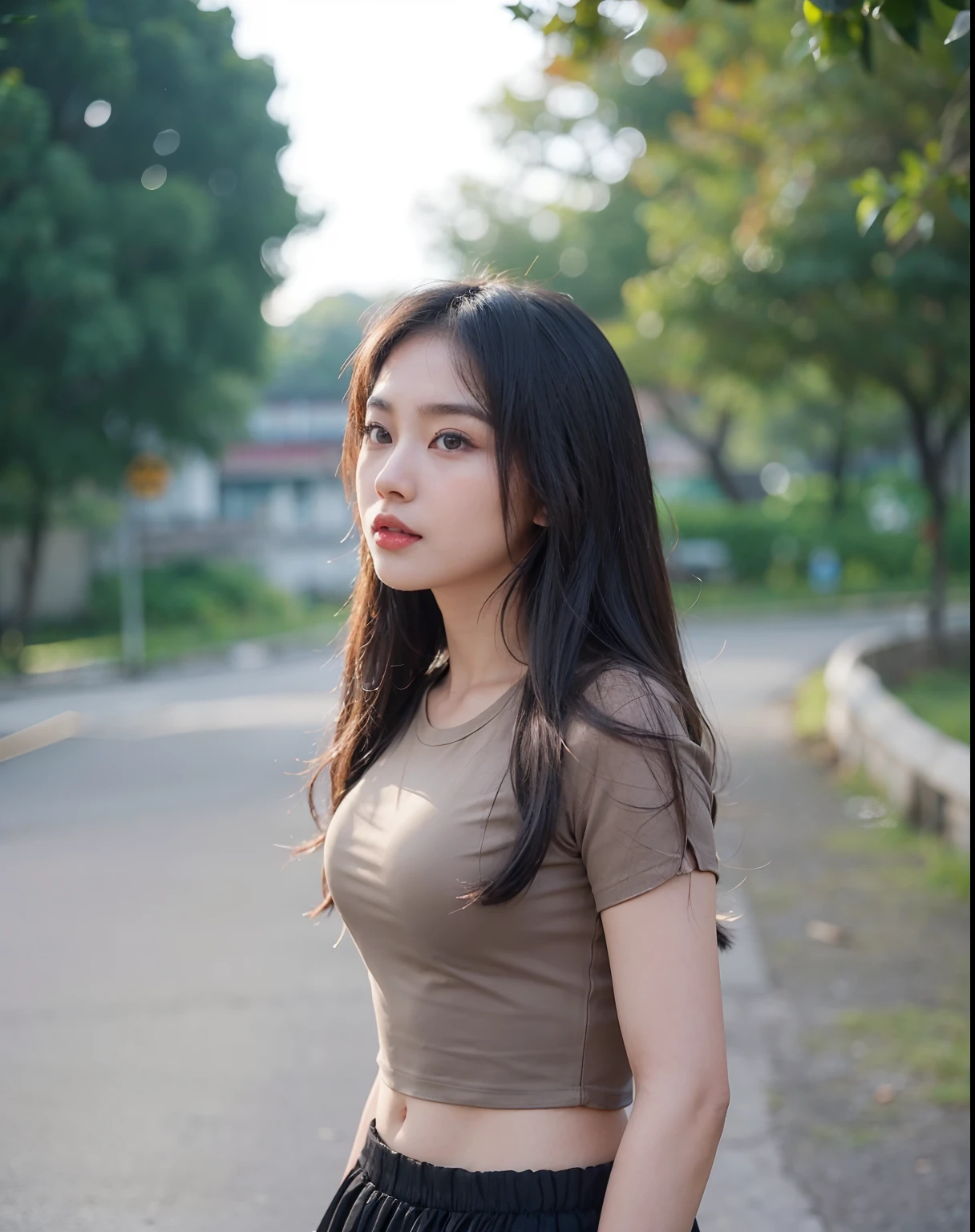 arafed woman in a tan top and black skirt standing on a road, a young asian woman, an asian woman, asian girl, a cute young woman, lovely woman, young asian girl, attractive girl, young and cute girl, beautiful asian girl, dang my linh, a beautiful young woman, mai anh tran, cute young woman, young asian woman