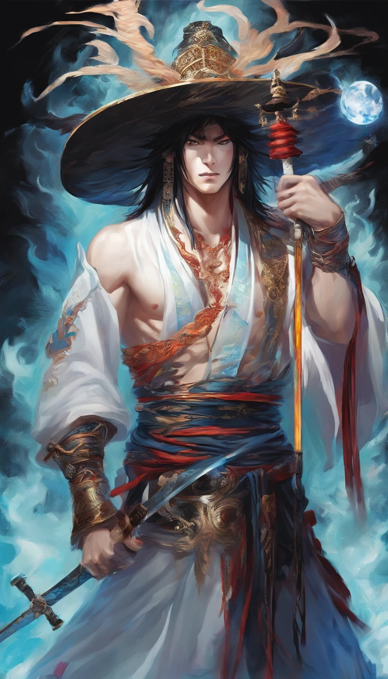 middle aged man, Evil painting style, A high resolution, Black color hair, Half is the body of a demon，Half a demon face, Chinese Warrior, Delicate three-dimensional blue flame demon face, sbeard, Wearing a hat, Expression of anger, Perfect body proportions, kaftan, Black and white robes, A scabbard hangs from his waist, Handsome, Full body view, standing on your feet, （White background：1.3）, swordsman, He held a long knife that was wide and heavy in his hand。。。。。。。。。。。。。。, Face the lens, （Blackn clothes：0.8）, High detail, Masterpiece, ccurate, Anatomically correct, Textured skin