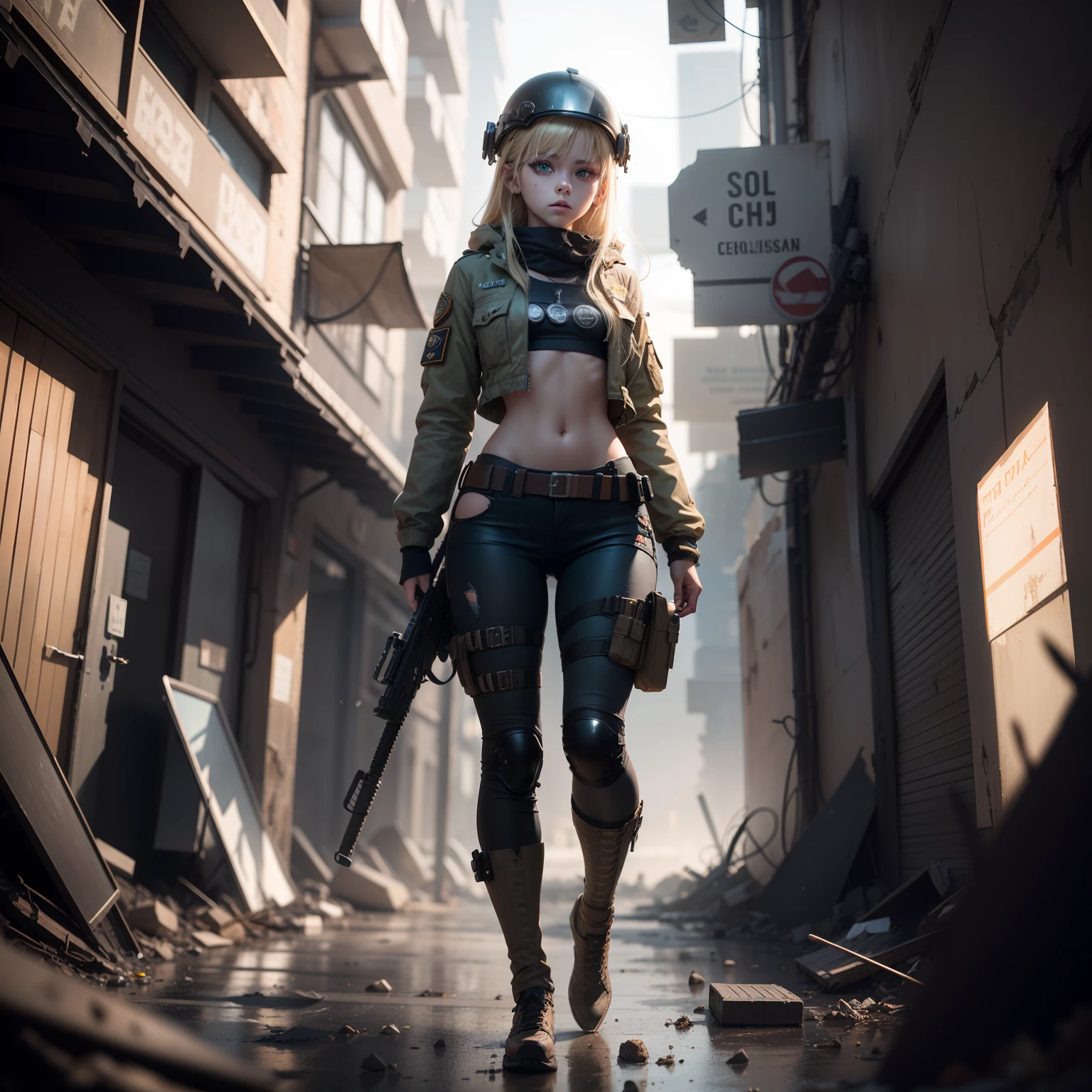 Destroyed towns,ukrainian girl , Ukrainian anime girls , , Ukraine ,  Full body composition of young girl with messy bright blonde hair, eye make up, ,  Soft lighting, Solo, Old torn dirty shabby futuristic military uniform, badges, Pose, Blotch color, Octane Render, Hyperrealistic intricate detail, Cinematic, 8K resolution, 70mm, Accent Lighting, Global Illumination, Full body portrait, clean detailed faces, intricate clothing, Cute face, flat chest, Slim waist, Slim legs, small hips,Wearing a thick steel combat suit,Combat helmet,Holding the Gatling gun in your hand,