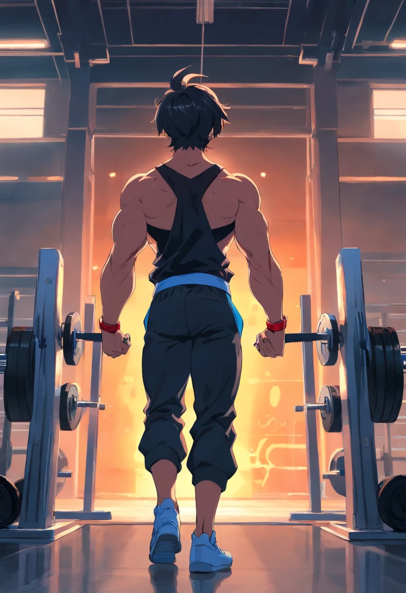 ((((Yuijiro Hanma))), Masculino, cabelos vermelhos, black pant, demon back, costas extremamente musculosas e definidas, foco em suas costas, in a bodybuilding gym, anime, Baba,