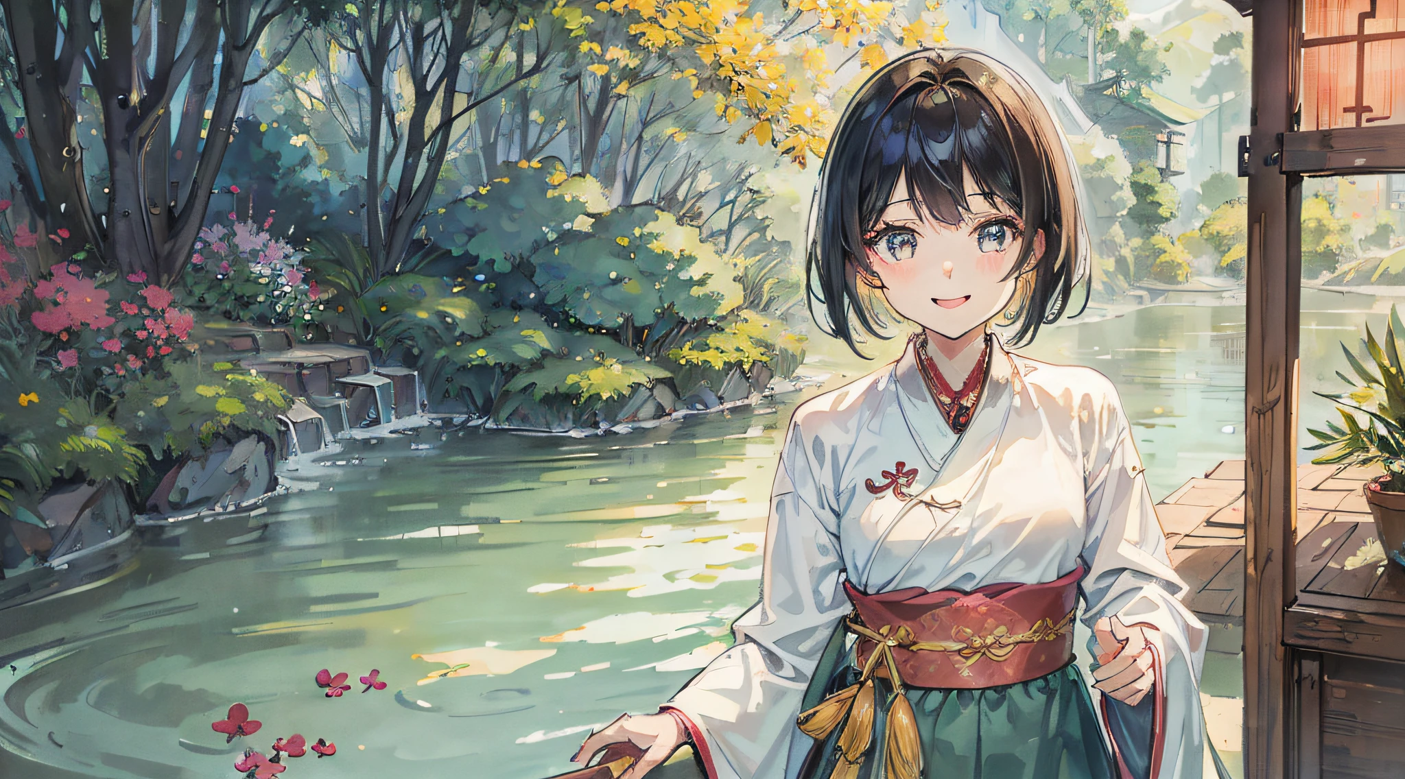 (masterpiece),best quality,good anatomy, shuimobysim,(1 girl:1), (upper body),(smile),short hair,(hanfu),(ecchi0.5), (trees:0.5), (flowers:0.6) ,(wooden house:0.2),(bamboo forest:0.2),(creek:0.2),(river:0.2),