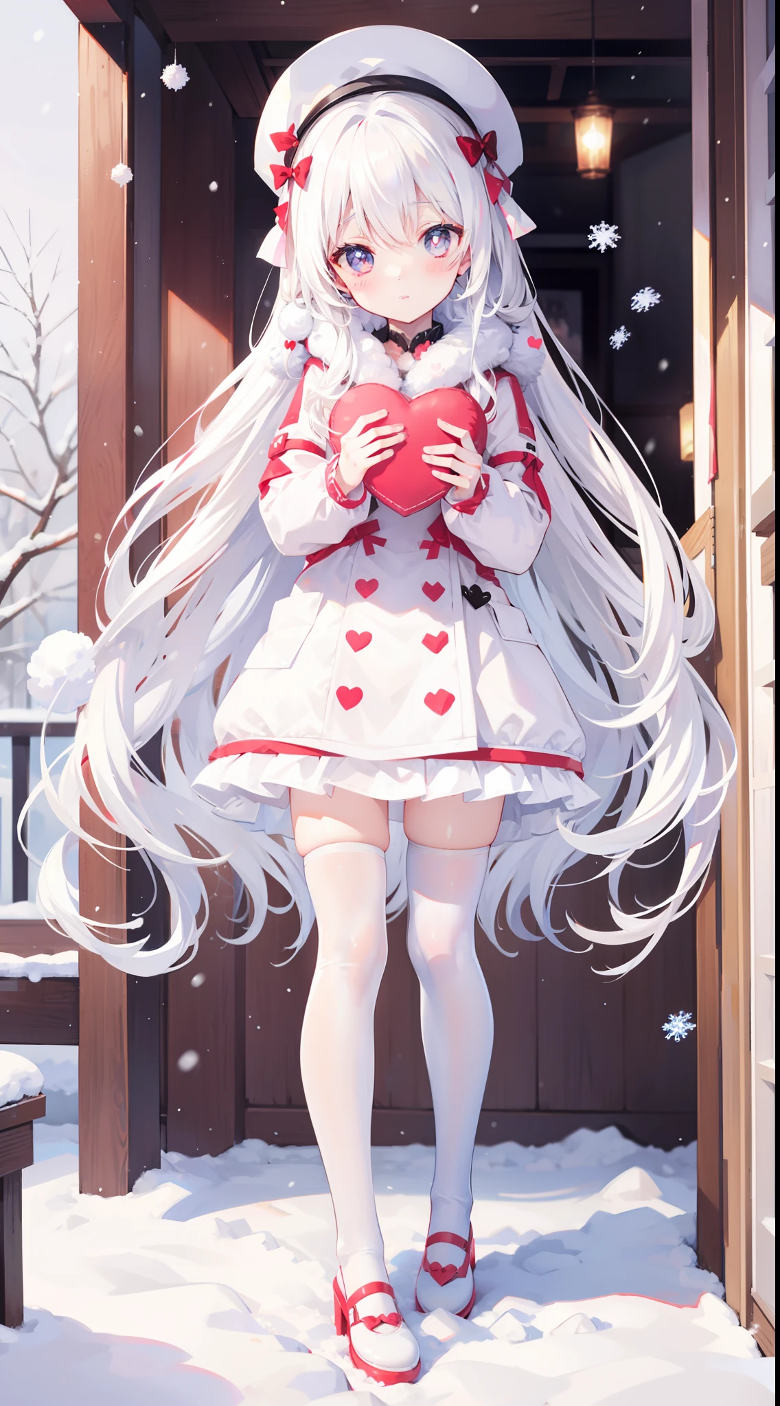 Lori, long hair, cute, white stockings, heart-shaped pupils, solo, white hair, indoor, blush, winter, snow, outdoors