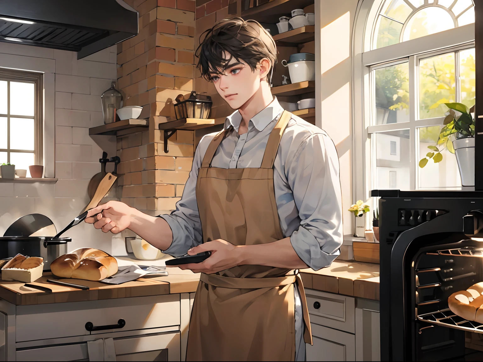 (((masterpiece))),best quality, a man baking bread, oven