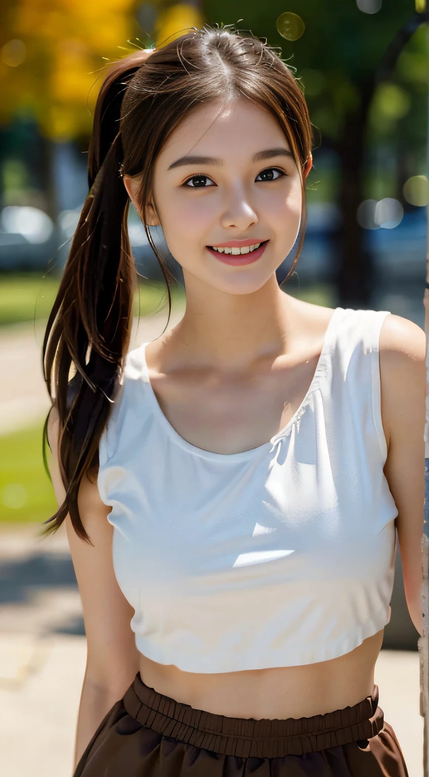 1 pretty girl,white skinned,brown hair,looking at viewer, beautiful medium chest, France, pony tail, happy smile, sports, dynamic, dressed like a warrior knight