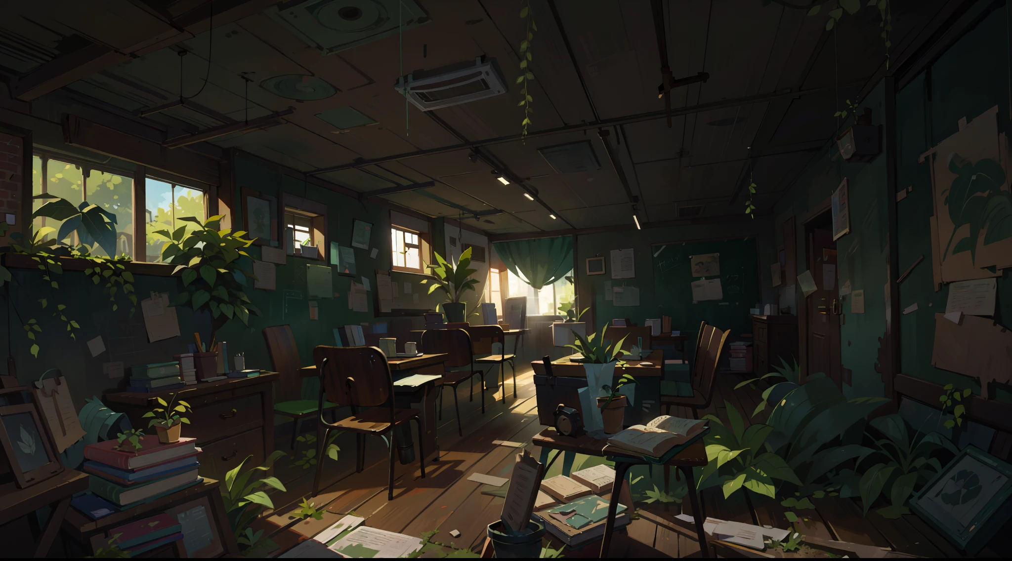 best quality,4k,8k,highres,masterpiece:1.2,ultra-detailed,realistic:1.37,abandoned classroom,historical building,renovated vintage interiors,dusty atmosphere,natural lighting,overgrown with lush plants,ivy-covered walls,cracked windows and peeling paint,forgotten desks and chairs,old wooden floor,abandoned textbooks and notebooks,dusty chalkboard,creatively arranged potted plants,greenery crawling up the walls,filtered rays of sunlight,serene and nostalgic ambiance,urban decay and nature reclamation,artistic decayed aesthetic,vibrant green foliage,soft sunlight casting shadows,dreamy atmosphere,unattended and eerie,blending old and new elements,desolate but full of life,echoes of past students,forgotten memories,whispered laughter in the air