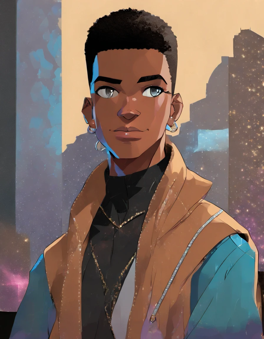 (masterpiece, beautiful, highres), illustration, 1boy, solo, (((cartoon style: 1))), Dark skin male((African-American teenager)) wearing an black cap, a leather brown suit-jacket with an an breast-pocket over a high-collared black shirt, dark grey pants and shoes, smiling, black anime medium-short length hair, handsome, vermillion colored eyes, young adult, cyberpunk streetwear, rainy sky, cityscape, light brown skin, looking at viewer, bright colors, daytime, ((front facing: 3)), closed mouth, thick lineart: 0.6, smug, slim eyes