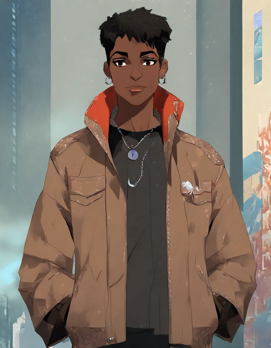 (masterpiece, beautiful, highres), illustration, 1boy, solo, (((cartoon style: 1))),  Dark skin male((African-American ager)) wearing an black cap, a leather brown suit-jacket with an  an breast-pocket over a high-collared black shirt, dark grey pants and shoes, smiling, black anime medium-short length hair, handsome, vermillion colored eyes, young adult, cyberpunk streetwear, rainy sky, cityscape, light brown skin, looking at viewer, bright colors, daytime, ((front facing: 3)), closed mouth, thick lineart: 0.6, smug, slim eyes