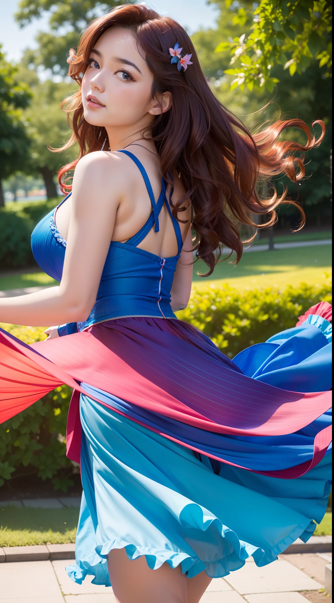 (Best quality,high resolution,Ultra-detailed:1.2), Beautiful blue to red gradient wavy curls fluttering in the breeze, Close-up of a woman jumping high, Vibrant flowers fill the background in a park-like setting, Cinematic style shooting.