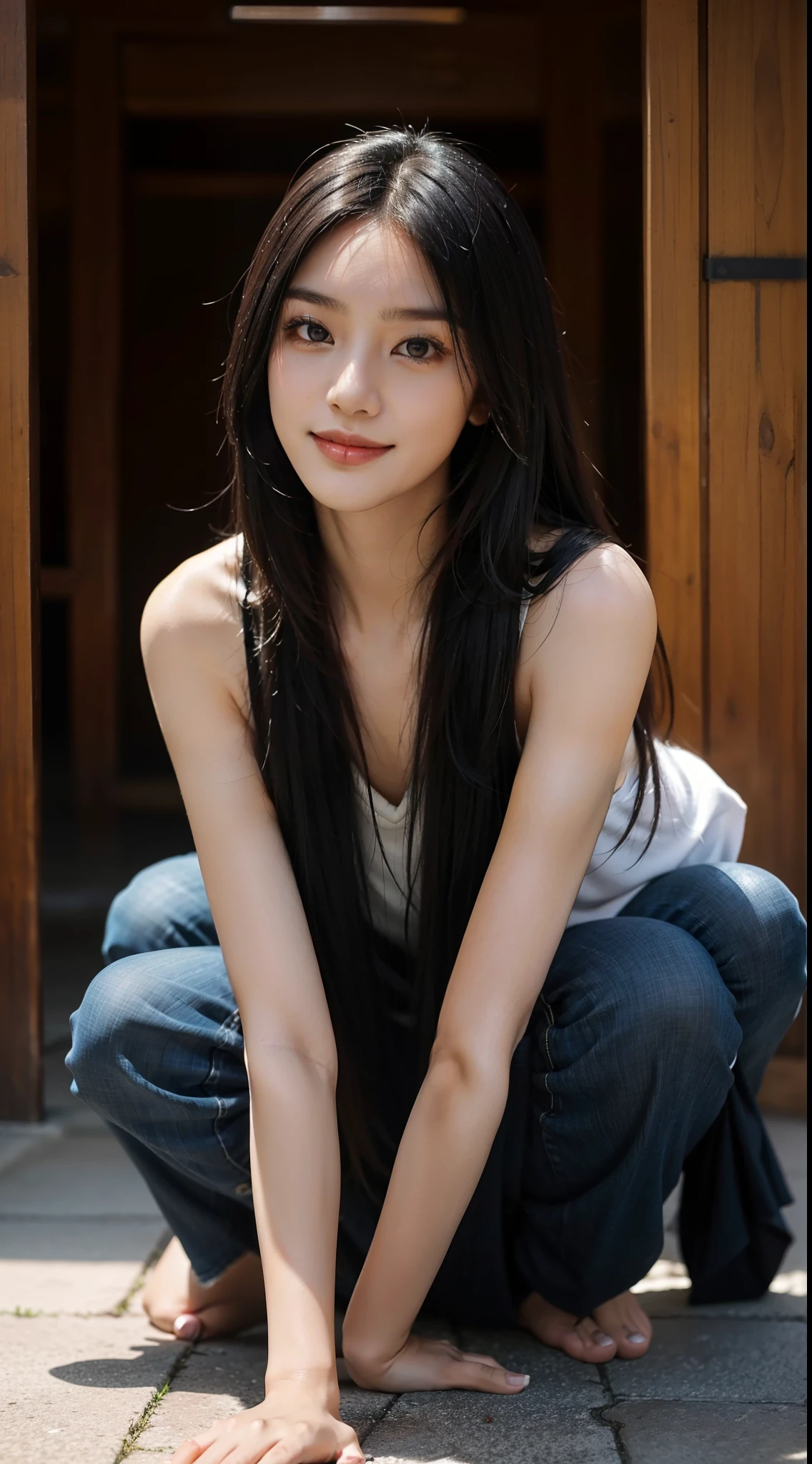 in a temple,There is a beauty that catches the eye。She has a slim figure,Wear loose clothes to look more elegant。In terms of appearance,She has long black and shiny hair,The skin is as fair as jade,The facial features are delicate and picturesque,Especially those big bright eyes,It seems to be able to see through people's hearts。She often has a smile on her lips,Exudes charming confidence and charm,Best quality,kneels on the ground,Face to face audience,had his hands folded。