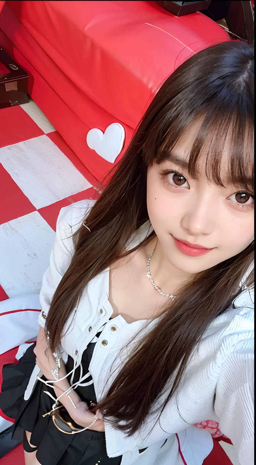 araffe girl with long hair and a white shirt posing for a picture, lalisa manobal, ruan cute vtuber, 奈良美智, 8k selfie photograph, dilraba dilmurat, chiho, tzuyu from twice, lalisa manoban of blackpink, Best picture quality, masterpiece, ultra high resolution, 8k, cleavage, big boobs, bust detail, hair detail, eye detail, sharp eyes, thin smile, professional lighting