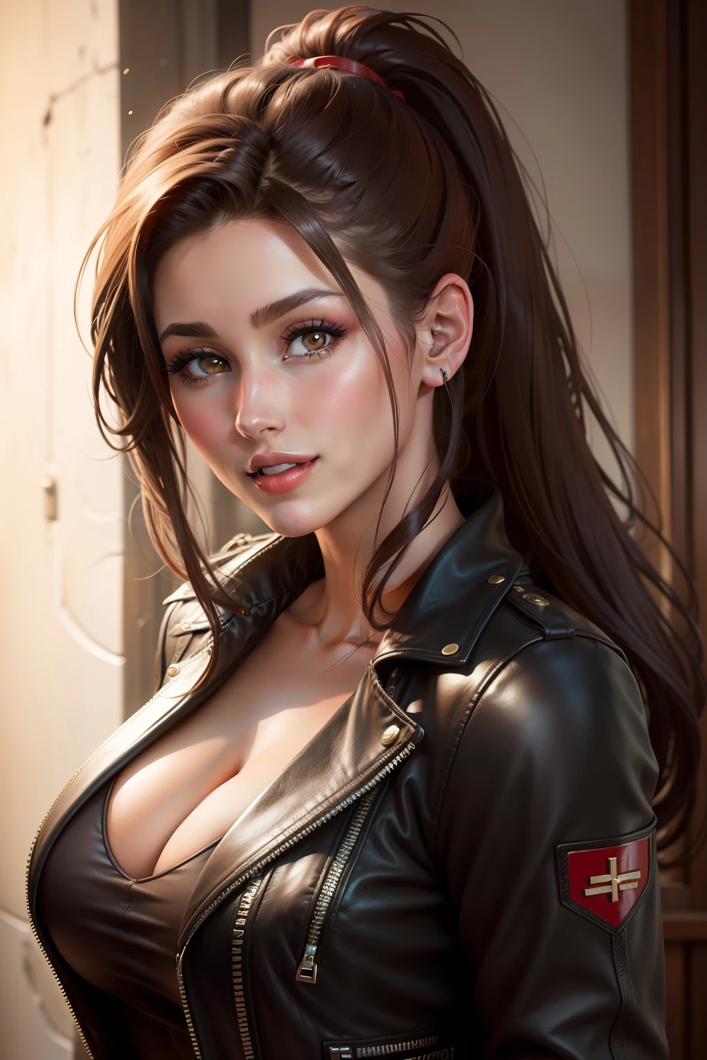 lucy pinder, portrait, face portrait, smiling, brown hair, short black dress, leather jacket, ponytail, red lips, voluptuous.