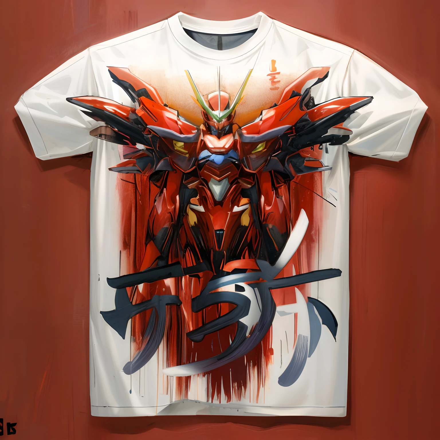 A closeup of a T-shirt with a photo of a robot, anime robotic mixed with organic, mecha inspirado, estilo mecha legal, Neon Genesis Estilo Evangelion, Evangelion, Terceiro Impacto, Inspirado, estilo gundam, design de tshirt, Akira Estilo de Arte, T - Design de Camisa, design de camisetas, design da camisa, Sazabi, arte da camisa