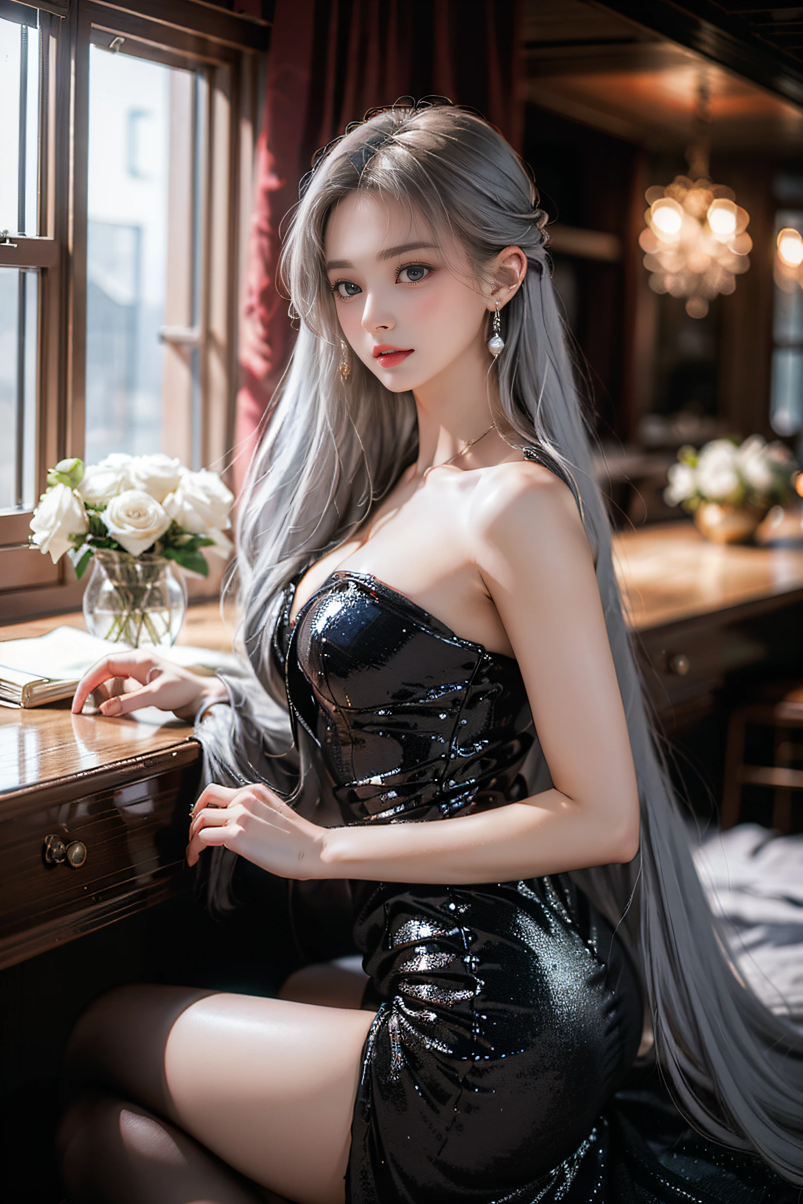 Top quality work,Photorealistic works,Ultra Premium Graphics,8K HD CG works,High-quality graphics,High-definition fine CG works,10x pixel,Ultra-fine details:1.1,Advanced technical details:1.1Photographically realistic,Indoor lighting effects:1.5,Natural light:1.5. light effect(Virtual Light Effects:1.8),超A high resolution,Shiny Blue Dress,Long silver hair,Silver hair,Transparent hair,High Detail Hair(Premium Hair Detail:1.1)Clear eyes,Good looking double eyelids,Sharp eye makeup, Delicate makeup for eyelashes, Thin eyebrows, ultradetailed eyes,High Nose, lovely red lips, Rose cheeks, Face with delicate makeup , Pretty Face, A perfectly proportioned face,(Advanced facial details:1.1)Collection of shiny blue luxury dresses,Blue Sequin Dresses,Sequin coat,shiny,Tight long skirt,Summer Sexy Hip Wrap Fishtail Sleeveless Commuter Maxi,Horse Stockings 100%Oil Gloss Panst Gloss Silk Luster 8D Black Silk Woman,stiletto heels,mitts,Beautiful long dresses,wonderful dress,Bright Red Series,Haute Couture Dresses Collection,Dress Photography,Authentic dress works,In the banquet hall,Women's Artwork,full-body view,Goddess of Dress,真实感,amazing,Today's eyes are bright