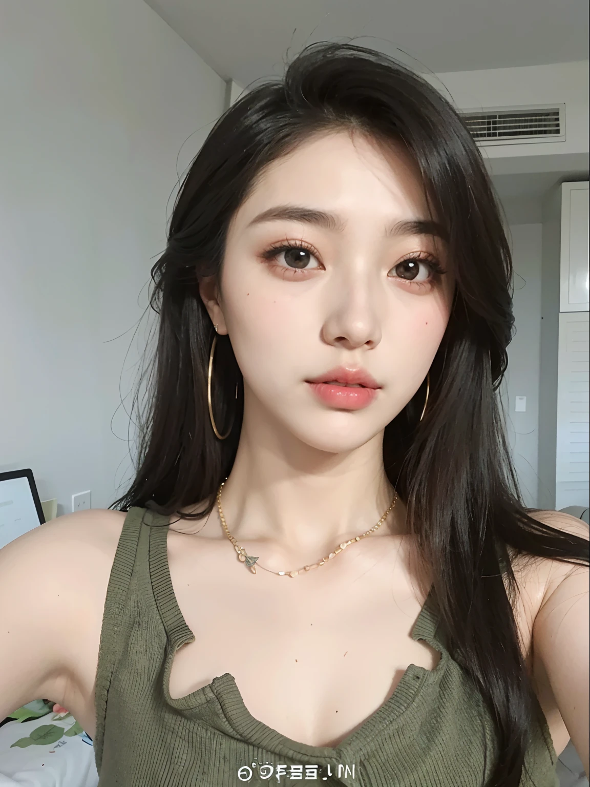 a close up of a woman with a necklace and a necklace on, dilraba dilmurat, beautiful south korean woman, gorgeous young korean woman, beautiful young korean woman, korean girl, beautiful asian girl, popular korean makeup, popular south korean makeup, asian beautiful face, gorgeous chinese model, beautiful aesthetic face, young adorable korean face, xision wu, Best picture quality, masterpiece, ultra high resolution, 8k, cleavage, big boobs, bust detail, hair detail, eye detail, sharp eyes, thin smile, professional lighting