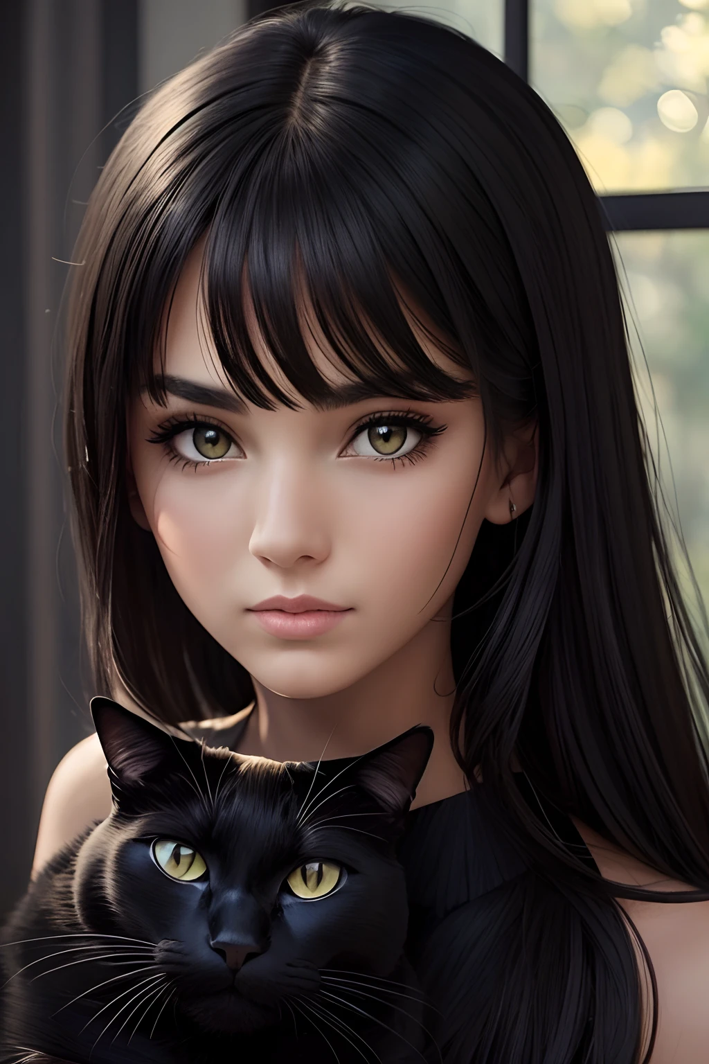 Girl with a black cat, beatiful face, immense detail, high detail, Gorgeous face,Beautiful expressive look, perfect anatomy