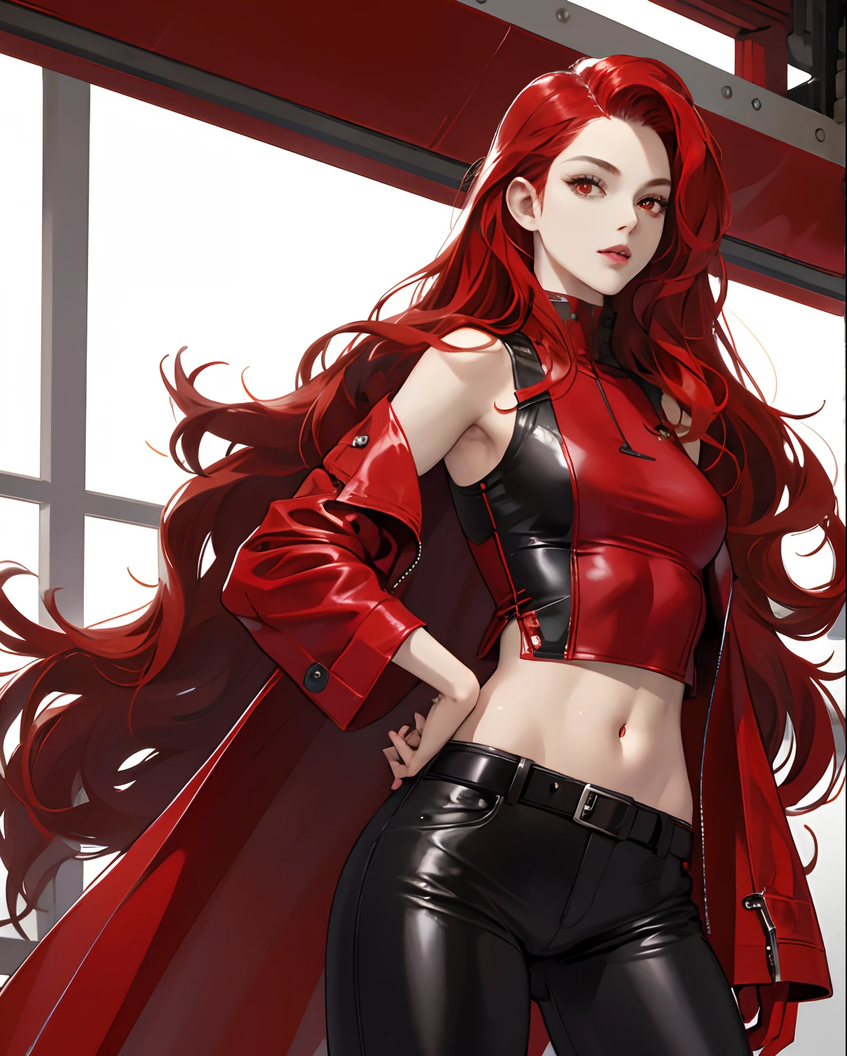 a cool,20th generation female,long red wavy hair,Wearing a long red leather coat,Leather Tight Pants,a belt,Navel Ejection,Tank Tops,glareing,With keen eyes,Realistic illustration girl、独奏、Parted lips、see the beholder、realisitic、racer,full face helmet,20-year-old beauty,a cool,red eyes,length hair,waved hair,Forehead,Red and black and white racing suit,circuit,Racing car on background