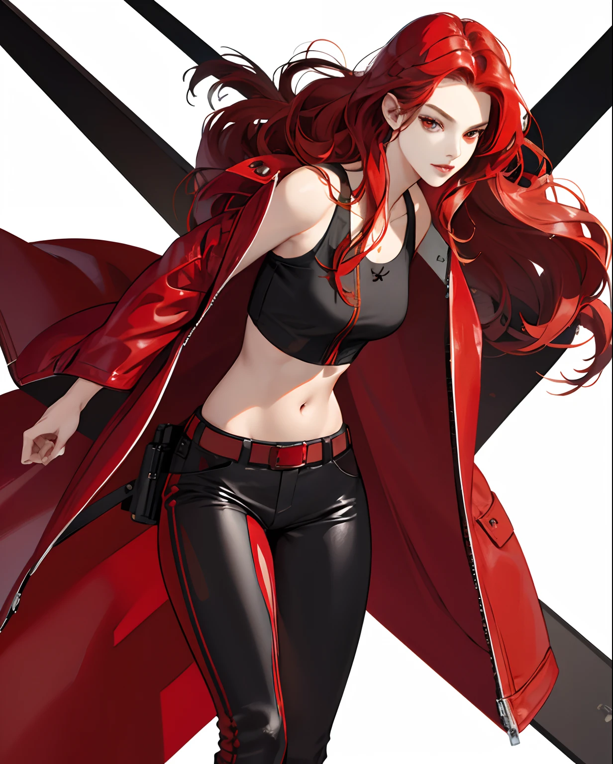 a cool，20th generation female，long red wavy hair，Wearing a long red leather coat，Leather Tight Pants，a belt，Navel Ejection，Tank Tops，glareing，With keen eyes，Realistic illustration girl、独奏、Parted lips、see the beholder、realisitic、racer，full face helmet，20-year-old beauty，a cool，red eyes，length hair，waved hair，Forehead，Red and black and white racing suit，circuit，Racing car on background