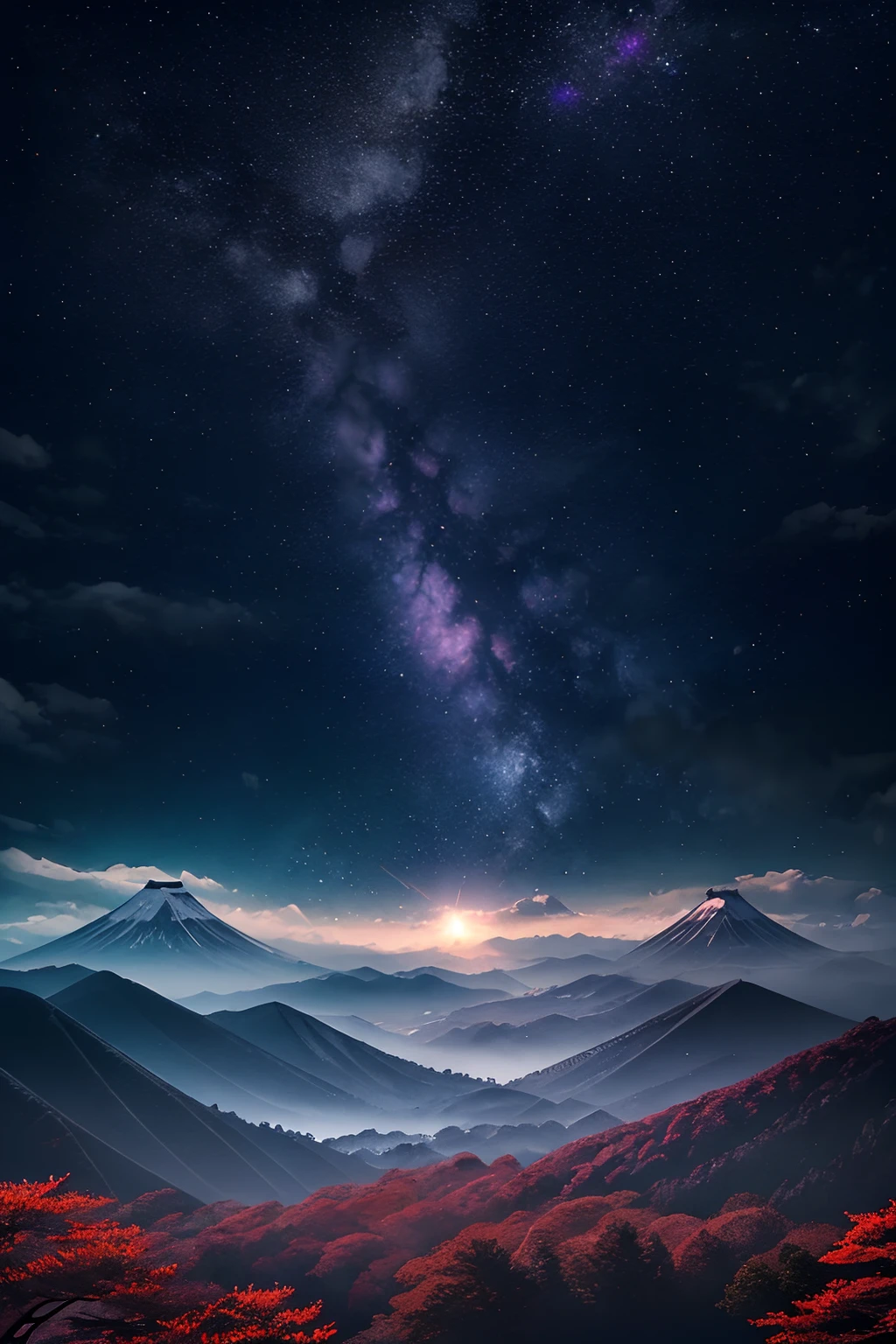 dark fantasy style, majestic landscape crafted by the gods, distant galaxy filled with tiny colorful stars, red hazy moon, otherworldly realm of wonder and fantasy, mysterious and ethereal atmosphere, captivatingly surreal ambiance, divinely inspired vista, divine creation, stunningly beautiful visual quality. limitlessly high resolution. (professional level of detail and precision:1.1). intricate detail pencil sketch addition crayon coloring, highly quality, (neo-traditional japan inspire:1.1), high contrast,