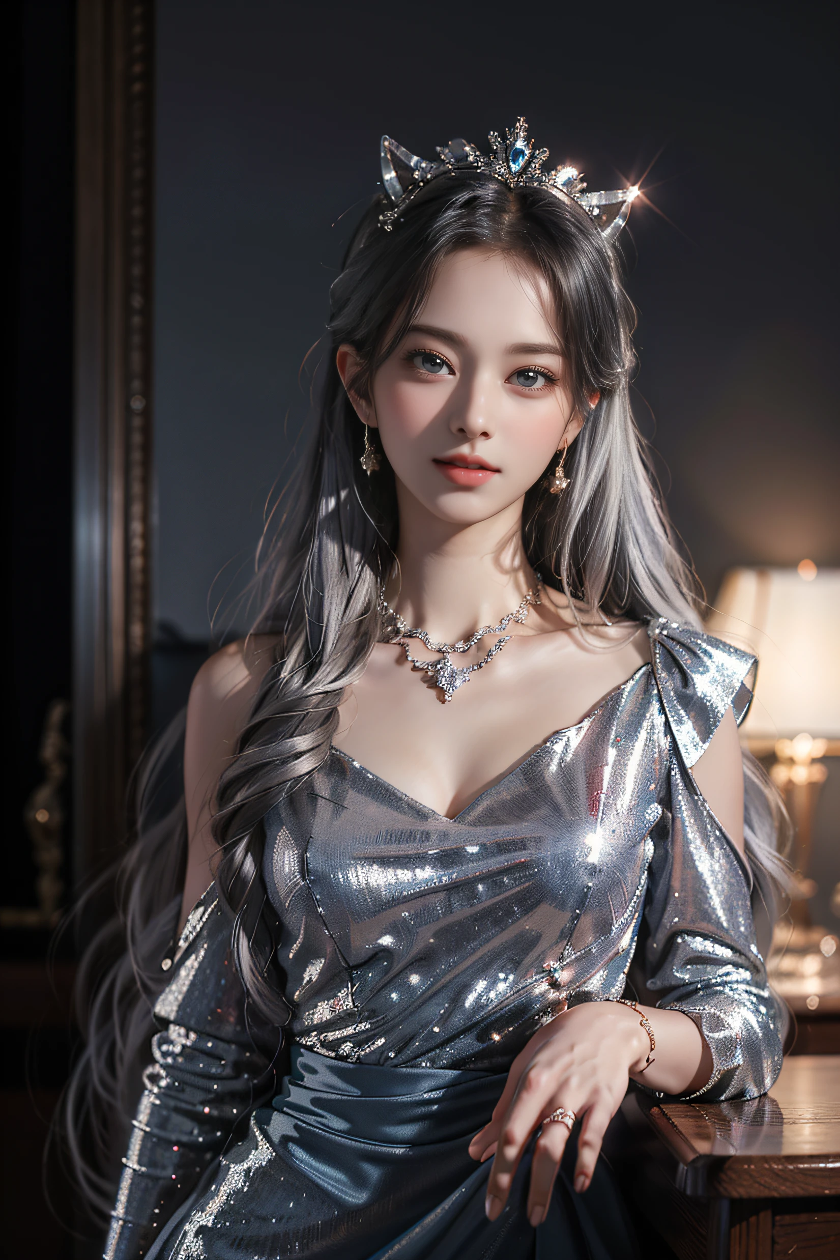 Top quality work,Photorealistic works,Ultra Premium Graphics,8K HD CG works,High-quality graphics,High-definition fine CG works,10x pixel,Ultra-fine details:1.1,Advanced technical details:1.1Photographically realistic,Indoor lighting effects:1.5,Natural light:1.5. light effect(Virtual Light Effects:1.8),超A high resolution,Shiny Blue Dress,Long silver hair,Silver hair,Transparent hair,High Detail Hair(Premium Hair Detail:1.1)Clear eyes,Good looking double eyelids,Sharp eye makeup, Delicate makeup for eyelashes, Thin eyebrows, ultradetailed eyes,High Nose, lovely red lips, Rose cheeks, Face with delicate makeup , Pretty Face, A perfectly proportioned face,(Advanced facial details:1.1)Collection of shiny blue luxury dresses,Blue Sequin Dresses,Sequin coat,shiny,Tight long skirt,Summer Sexy Hip Wrap Fishtail Sleeveless Commuter Maxi,Horse Stockings 100%Oil Gloss Panst Gloss Silk Luster 8D Black Silk Woman,stiletto heels,mitts,Beautiful long dresses,wonderful dress,Bright Red Series,Haute Couture Dresses Collection,Dress Photography,Authentic dress works,In the banquet hall,Women's Artwork,full-body view,Goddess of Dress,真实感,amazing,Today's eyes are bright