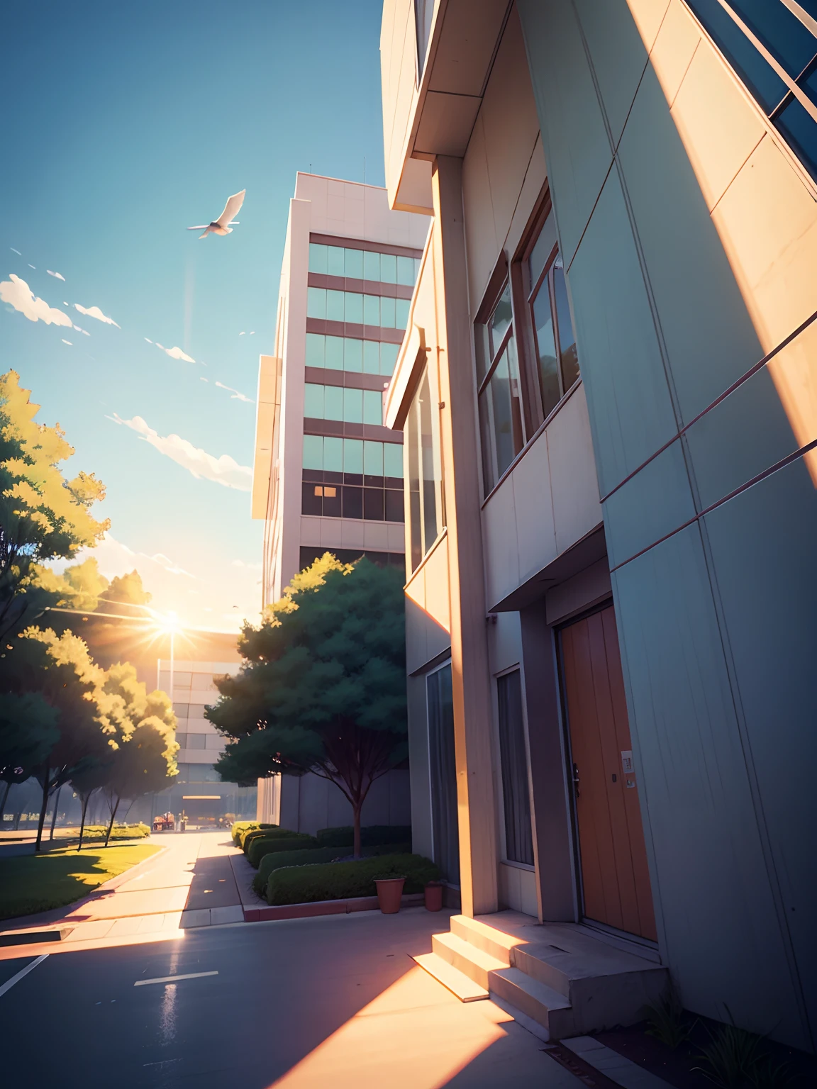 Teaching building with large perspective,Composition from the bottom up,On the left half is the glass of the school building,On the left half is the football field,The sun shines from the left,Green trees,There are several small birds flying in the blue sky,In the middle is the red runway,Anime characters in the middle running on the runway, Estilo de Makoto Shinkai,Anime illustration style,Children's illustration style,The composition is vertical
