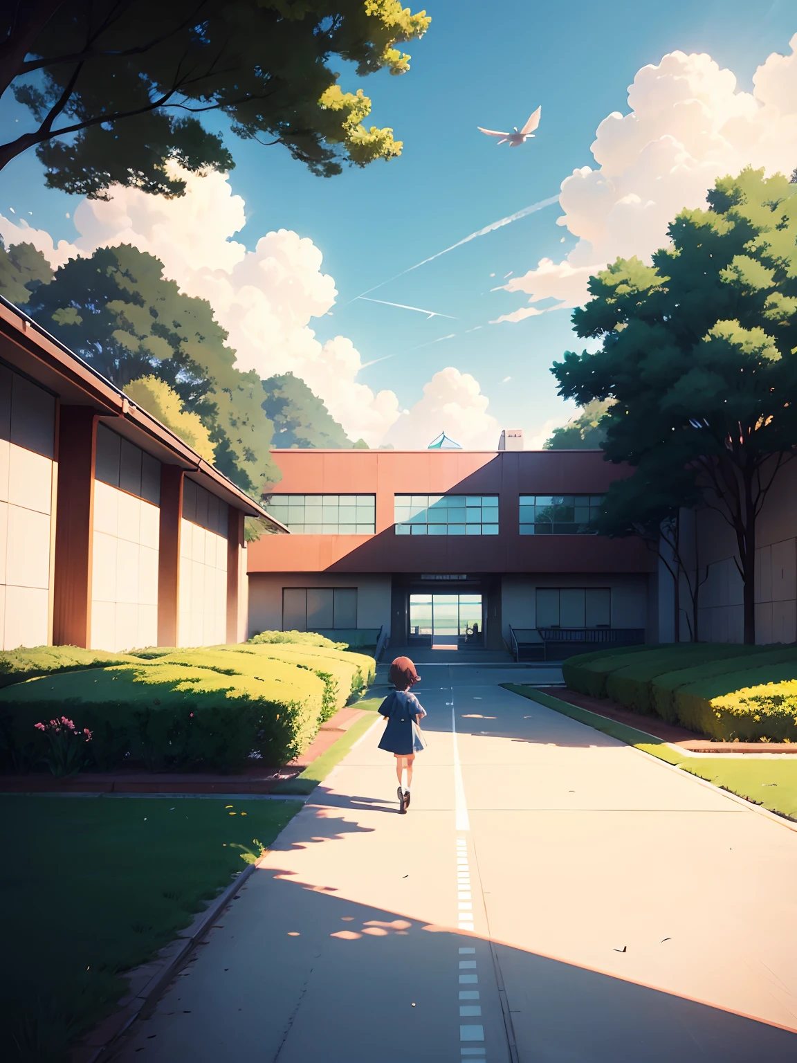 Teaching building with large perspective,Composition from the bottom up,On the left half is the glass of the school building,On the left half is the football field,The sun shines from the left,Green trees,There are several small birds flying in the blue sky,In the middle is the red runway,Anime characters in the middle running on the runway, Estilo de Makoto Shinkai,Anime illustration style,Children's illustration style,The composition is vertical