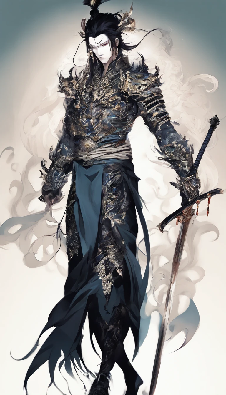 middle aged man, Evil painting style, A high resolution, Black color hair, Half is the body of a demon,Half a demon face, Chinese Warrior, Delicate three-dimensional blue flame demon face, sbeard, Wearing a hat, Expression of anger, Perfect body proportions, kaftan, Black and white robes, A scabbard hangs from his waist, Handsome, The seven-doppelganger view is in full view, standing on your feet, (White background:1.3), swordsman, He held a long knife that was wide and heavy in his hand。。。。。。。。。。。。。。。, Face the lens, (Blackn clothes:0.8), High detail, Masterpiece, ccurate, Anatomically correct, Textured skin