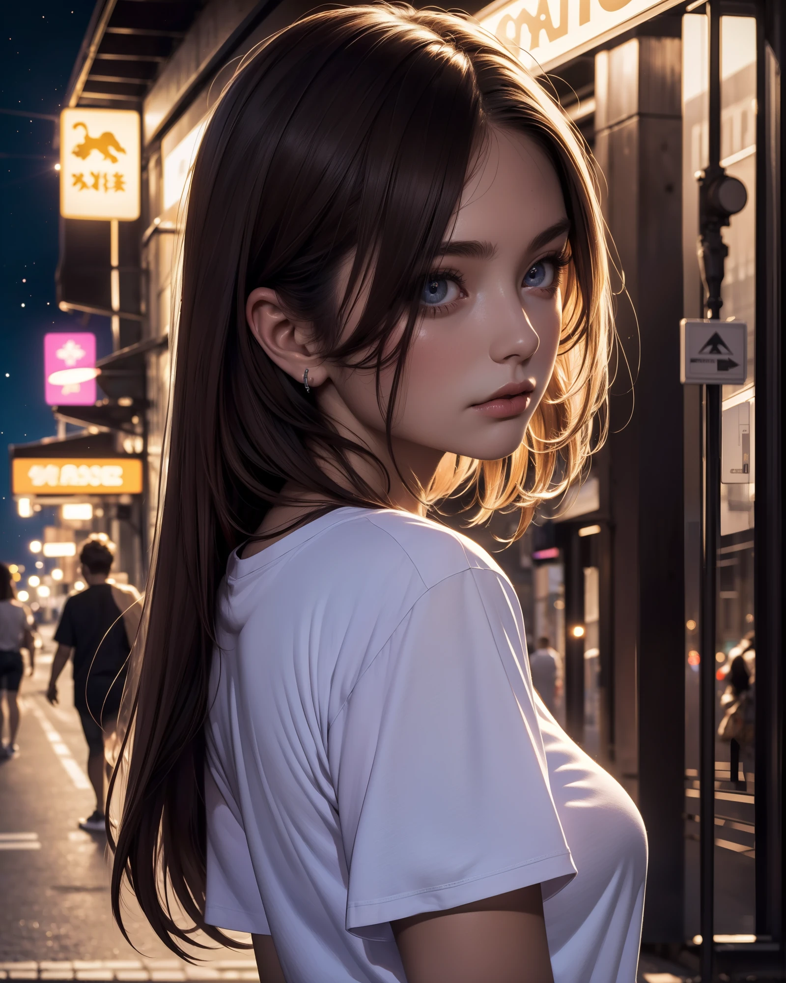 (Best quality, High resolution, Masterpiece :1.3), A pretty woman, Slender figure, Dark brown hair, T-shirt, (Street in city at night), Highly detailed face and skin texture, Detailed eyes, Double eyelid