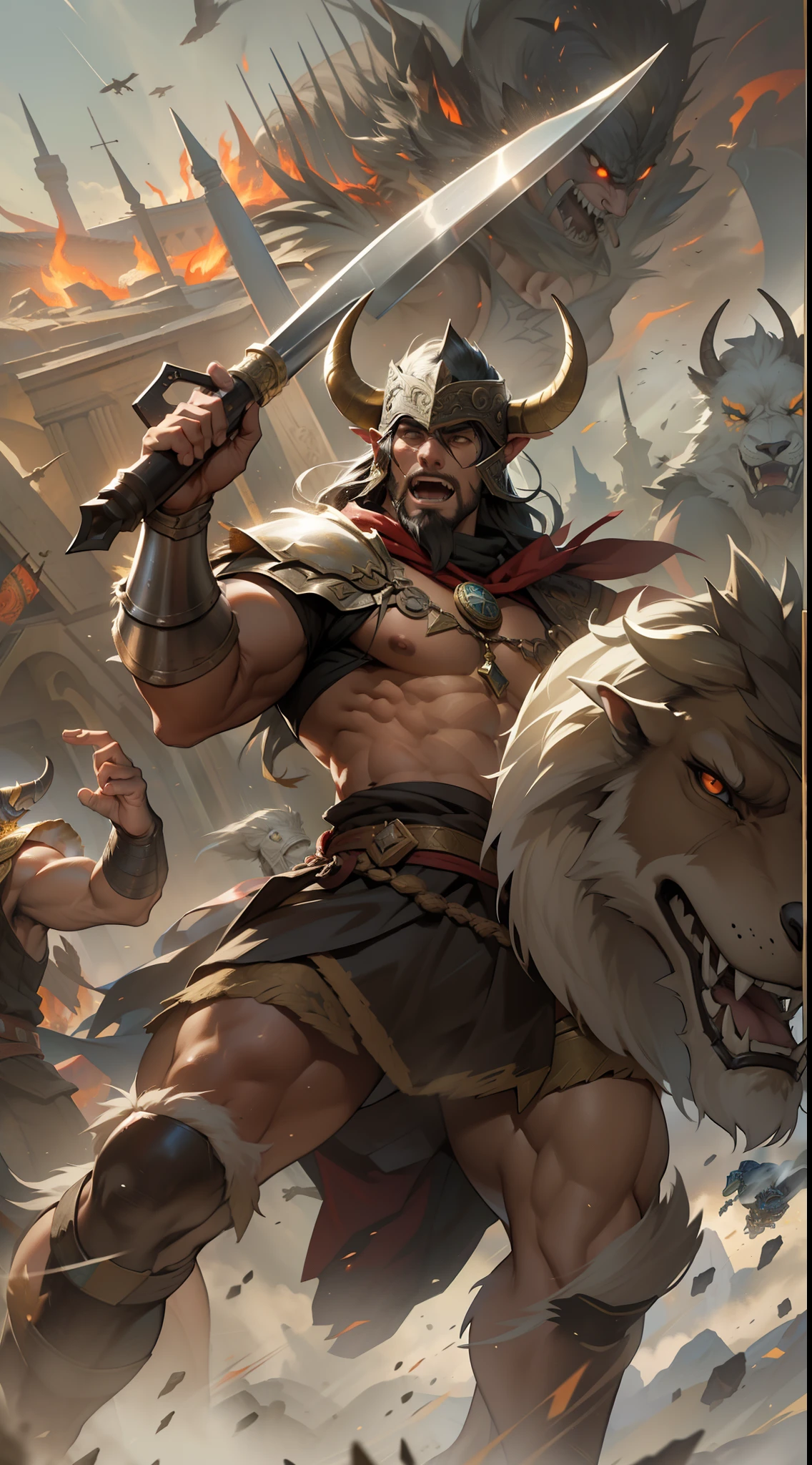 (La mejor calidad, Altas Resoluciones, fotorrealista:1.37), ultra detallado, Hachas de guerra vikingas, resplandor celestial, Guerreros feroces, Antiguos campos de batalla, Guerreros de los dioses, Epic showdown, potencia intensa, Historical war, Dramatic lighting, Mystical aura, Armas divinas, Mythical battlefields, Lucha legendaria, Campeones heroicos, Fearless warriors, Leyendas antiguas, grito de guerra, Triunfo y gloria, immersive atmosphere, Epic combat, Escena impresionante, Mythical warriors, Old Norse, film-like composition, intense energy, Mythical heroes, mythical creatures, Fierce determination, Awesome action, dynamic poses, Choque monumental, Ethereal Beauty, Mythical realms, Mythical force, Divine Intervention,bestias sobrenaturales,guerra de mundos,Minotauro,hidra,Centauro,bestias magicas,Terorificos de Montruos,Fierras
