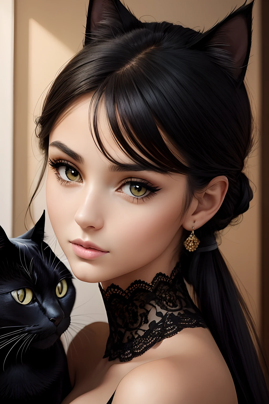 (photorealistic:1.4), (masterpiece, sidelighting, finely detailed beautiful eyes: 1.2), masterpiece*portrait, realistic, 3d face, girl with cat, brown cat, glowing eyes, shiny hair, lustrous skin, solo, embarassed, (midriff), black underwear, brown hair, curly hair, cat ear