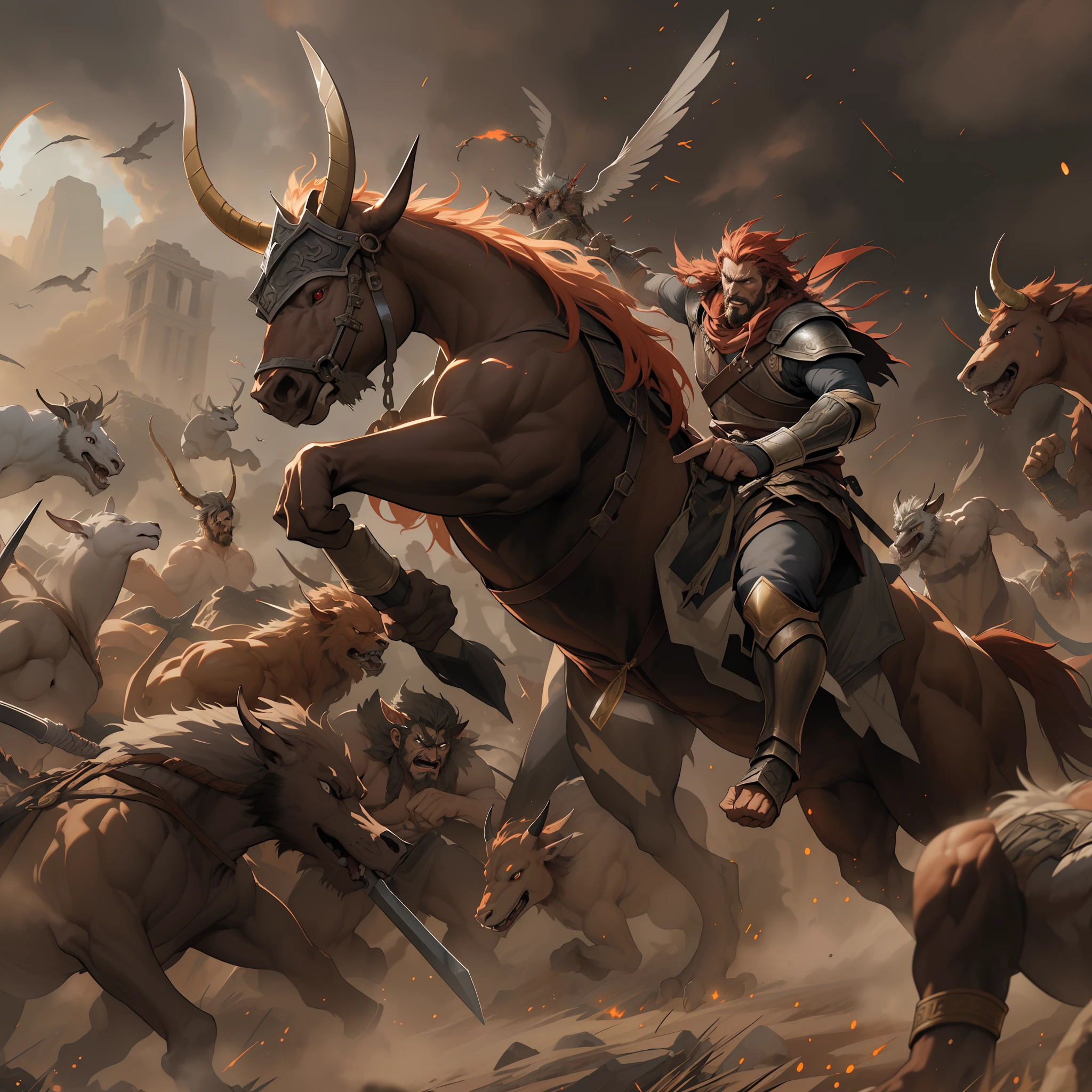 (La mejor calidad, Altas Resoluciones, fotorrealista:1.37), ultra detallado, Hachas de guerra vikingas, resplandor celestial, Guerreros feroces, Antiguos campos de batalla, Guerreros de los dioses, Epic showdown, potencia intensa, Historical war, Dramatic lighting, Mystical aura, Armas divinas, Mythical battlefields, Lucha legendaria, Campeones heroicos, Fearless warriors, Leyendas antiguas, grito de guerra, Triunfo y gloria, immersive atmosphere, Epic combat, Escena impresionante, Mythical warriors, Old Norse, film-like composition, intense energy, Mythical heroes, mythical creatures, Fierce determination, Awesome action, dynamic poses, Choque monumental, Ethereal Beauty, Mythical realms, Mythical force, Divine Intervention,bestias sobrenaturales,guerra de mundos,Minotauro,hidra,Centauro,bestias magicas,Terorificos de Montruos,Fierras
